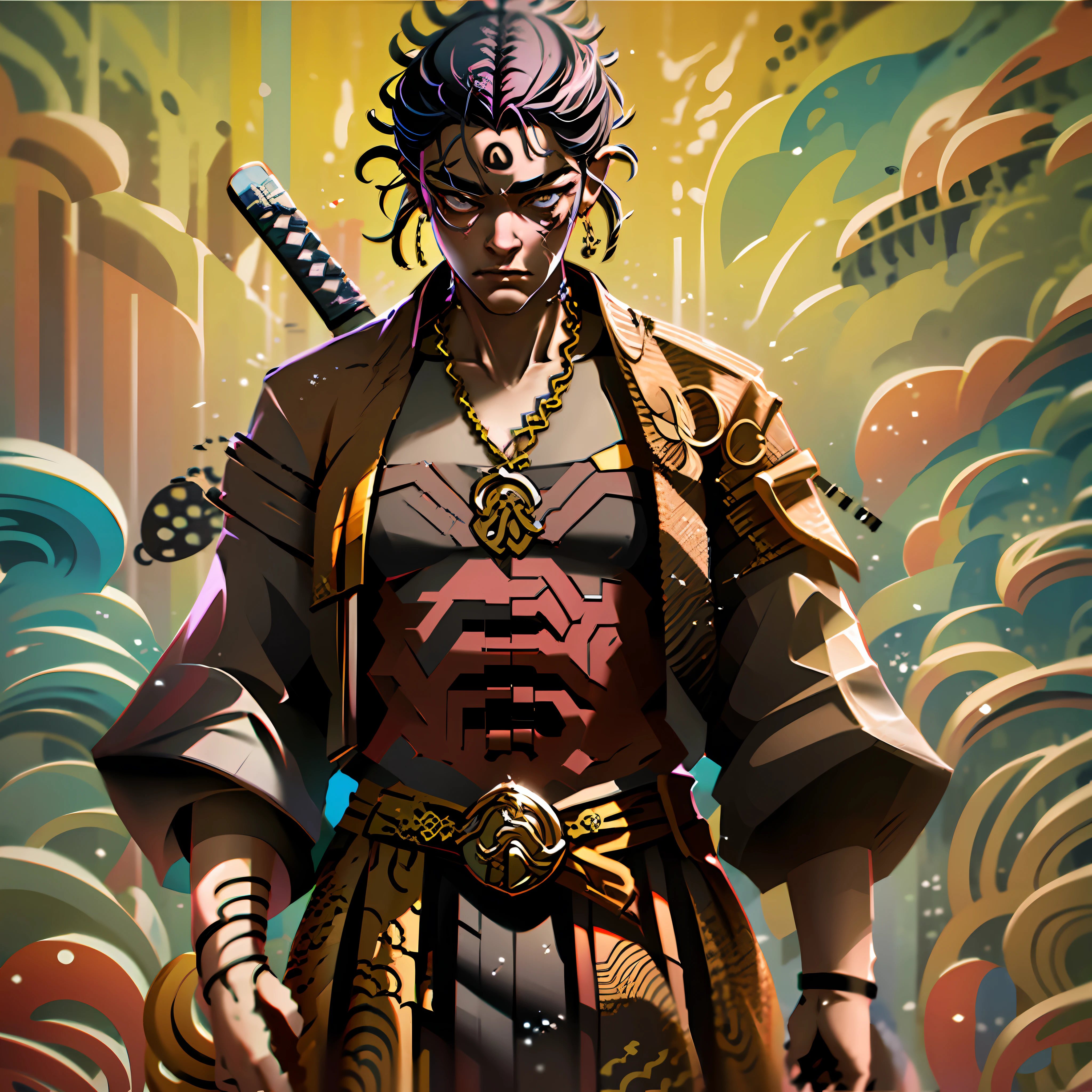 A 40-year-old man with an open kimono, second a katana in his hand, ultra detailed, masterpiece, fluorescent, by kan Liu, Guilherme Freitas,8k.hdr --auto --s2