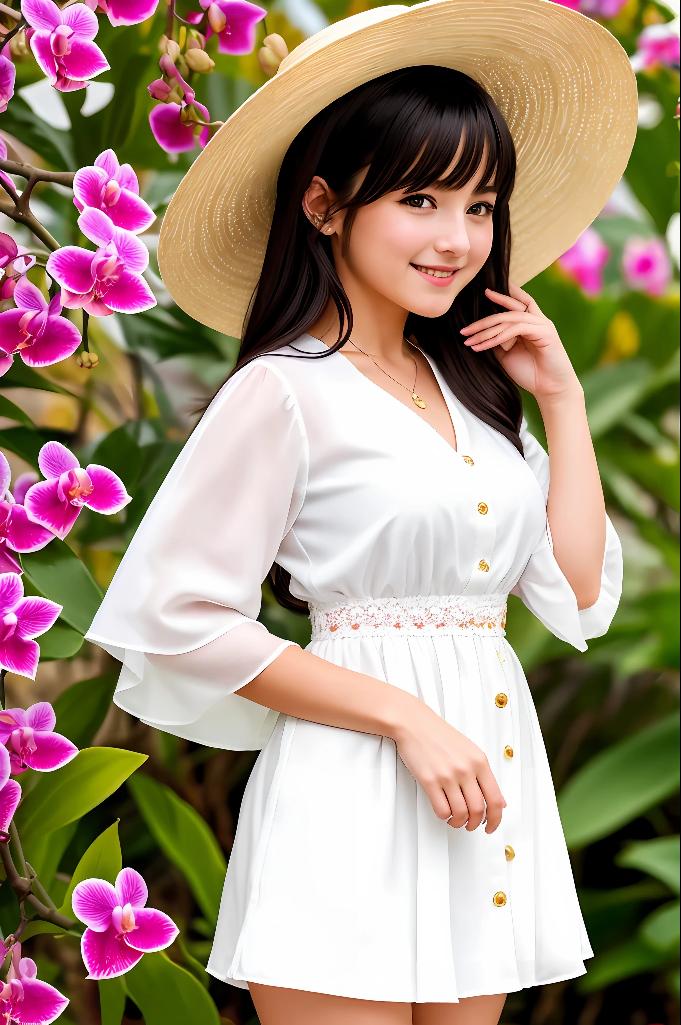 masterpiece, best quality, official art, extremely detailed CG 8k wallpaper unit, 1girl, as student, beautiful, an extremely delicate and beautiful, ultra high res, (photorealistic: 1.4), golden hour lighting, (upper body), (short platinum hair: 0.8), ((puffy eyes)), looking at the viewer, facing forward, smiling, laughing, jk skirt, white dress, Wearing a beautiful little straw hat Panama model, shirtlift, long black hair. Beautiful colorful orchid backdrop