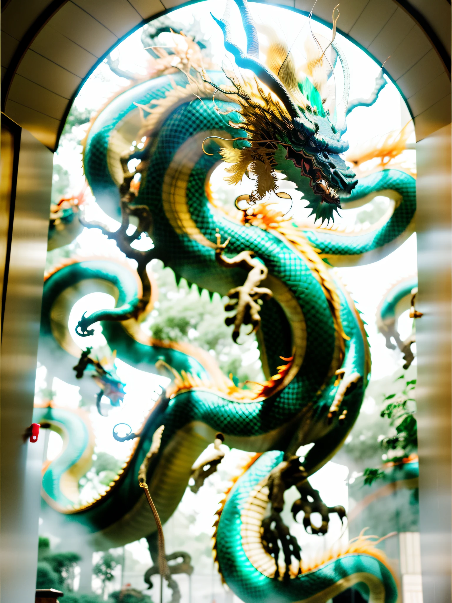 A Chinese dragon has emerald green and gold interlaced scales all over the golden light and is bigger than a valley