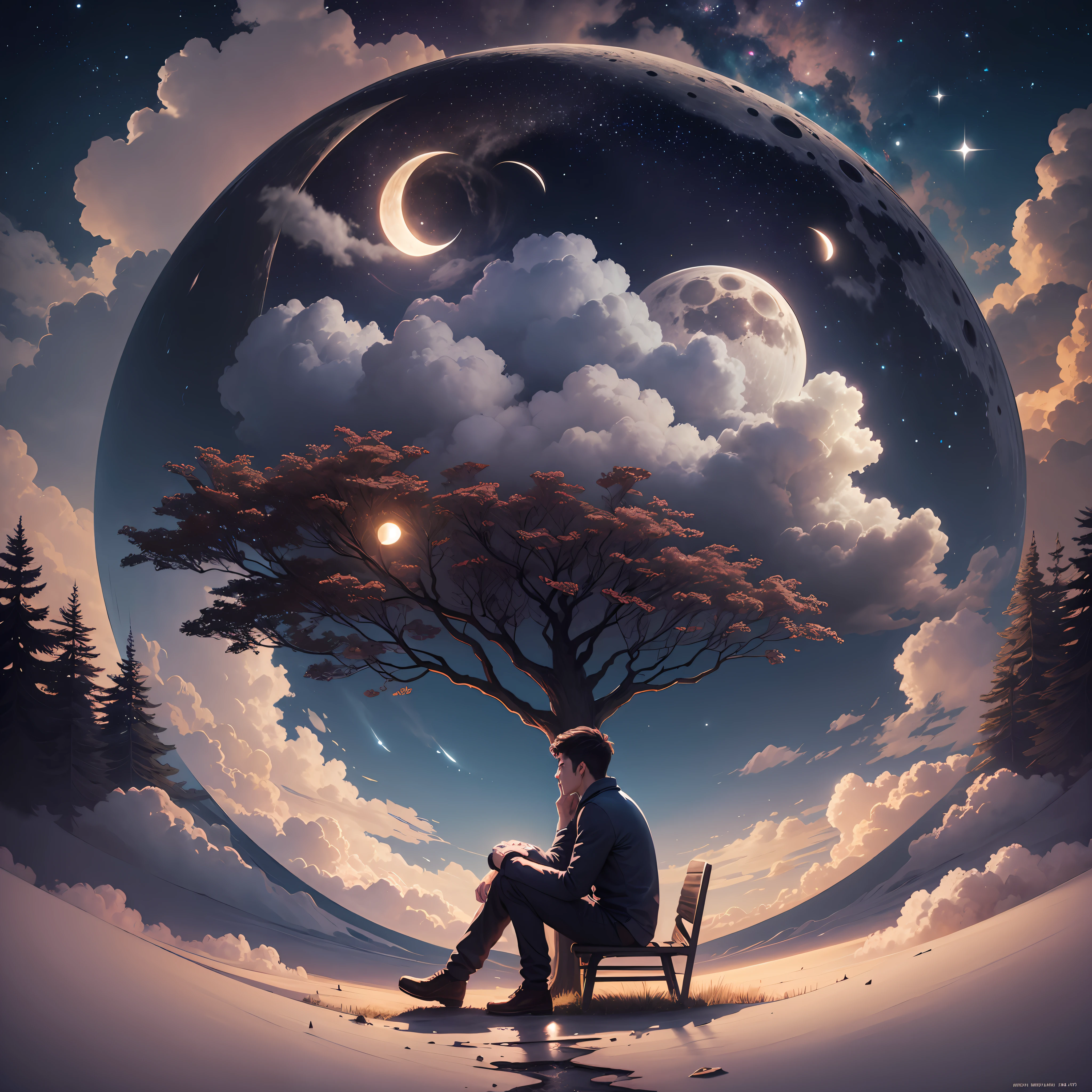 (night),moon,man seening moon,stars,man under the tree,sit,clouds --auto --s2
