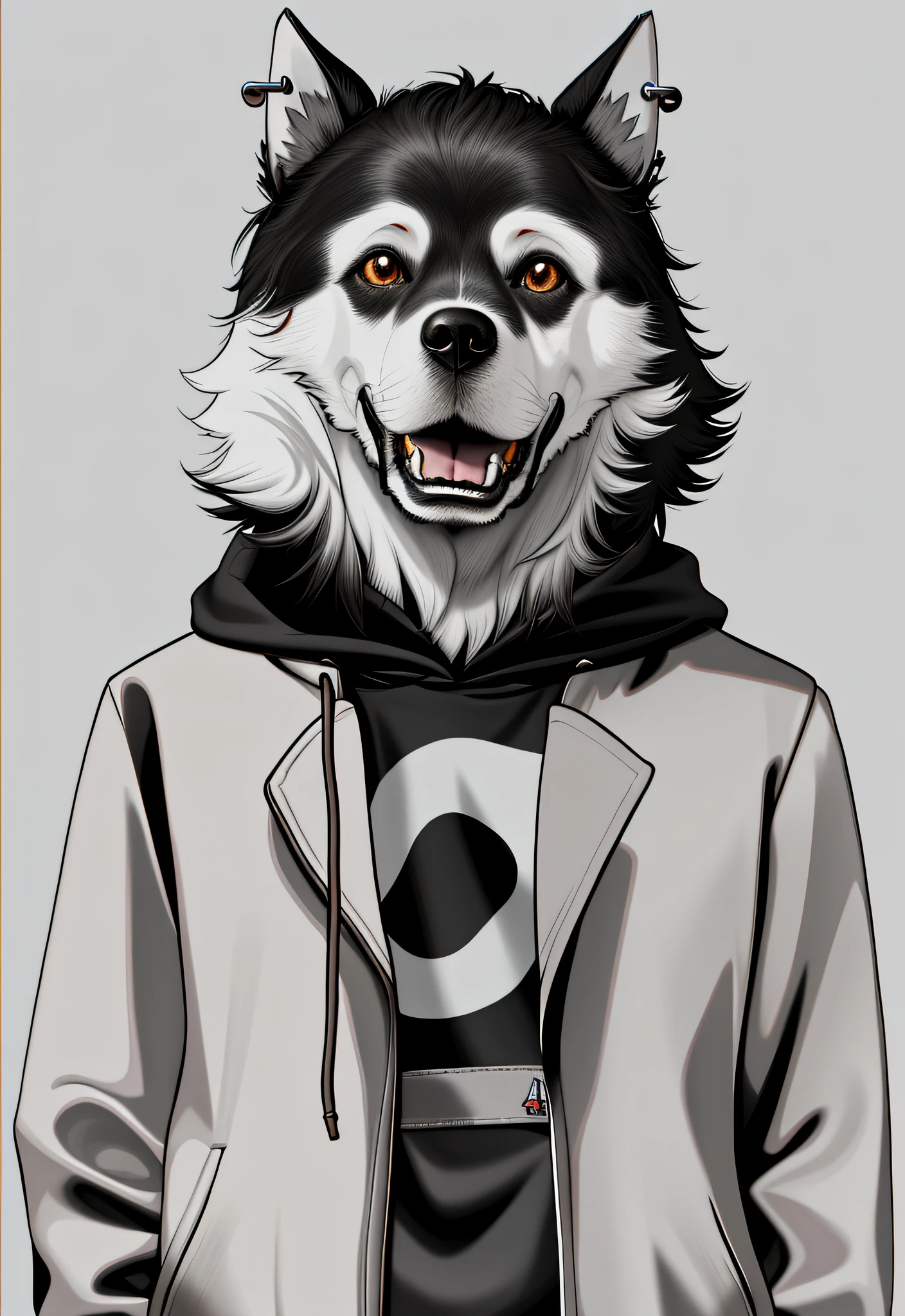 An anthropomorphic dog, wearing earrings, roaming the chimney, wearing a hoodie with a distinctive hoodie on it, font number 2, wearing a jack jacket, hands in pockets, pants and shoes in color from dark to light, light diagonally coming in from the upper left corner.