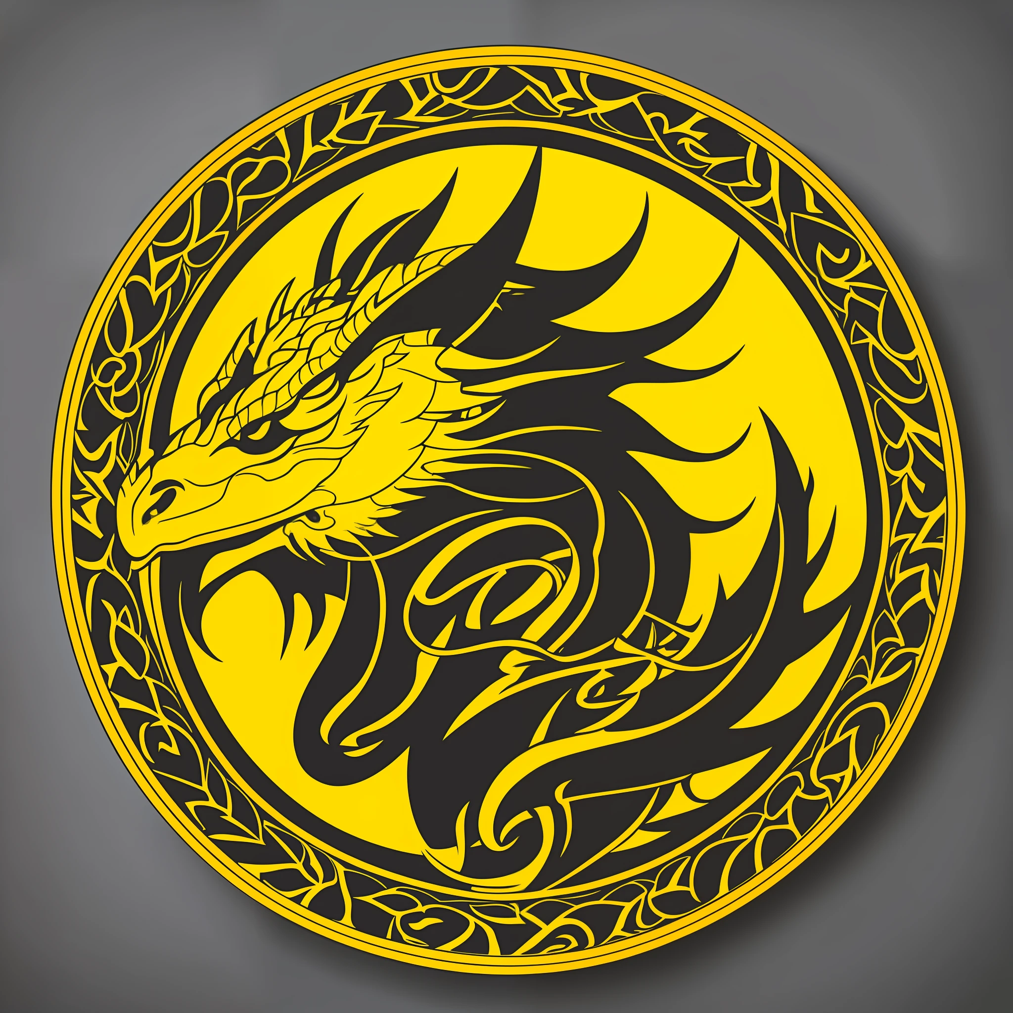 A simple vector logo of a dragon's head and neck, two horns, and an isometric side view. Use a black and yellow palette, place it inside a perfect circular frame and use a white background outside of it. It must be simple, beautiful, smooth, and have a sharp outline.