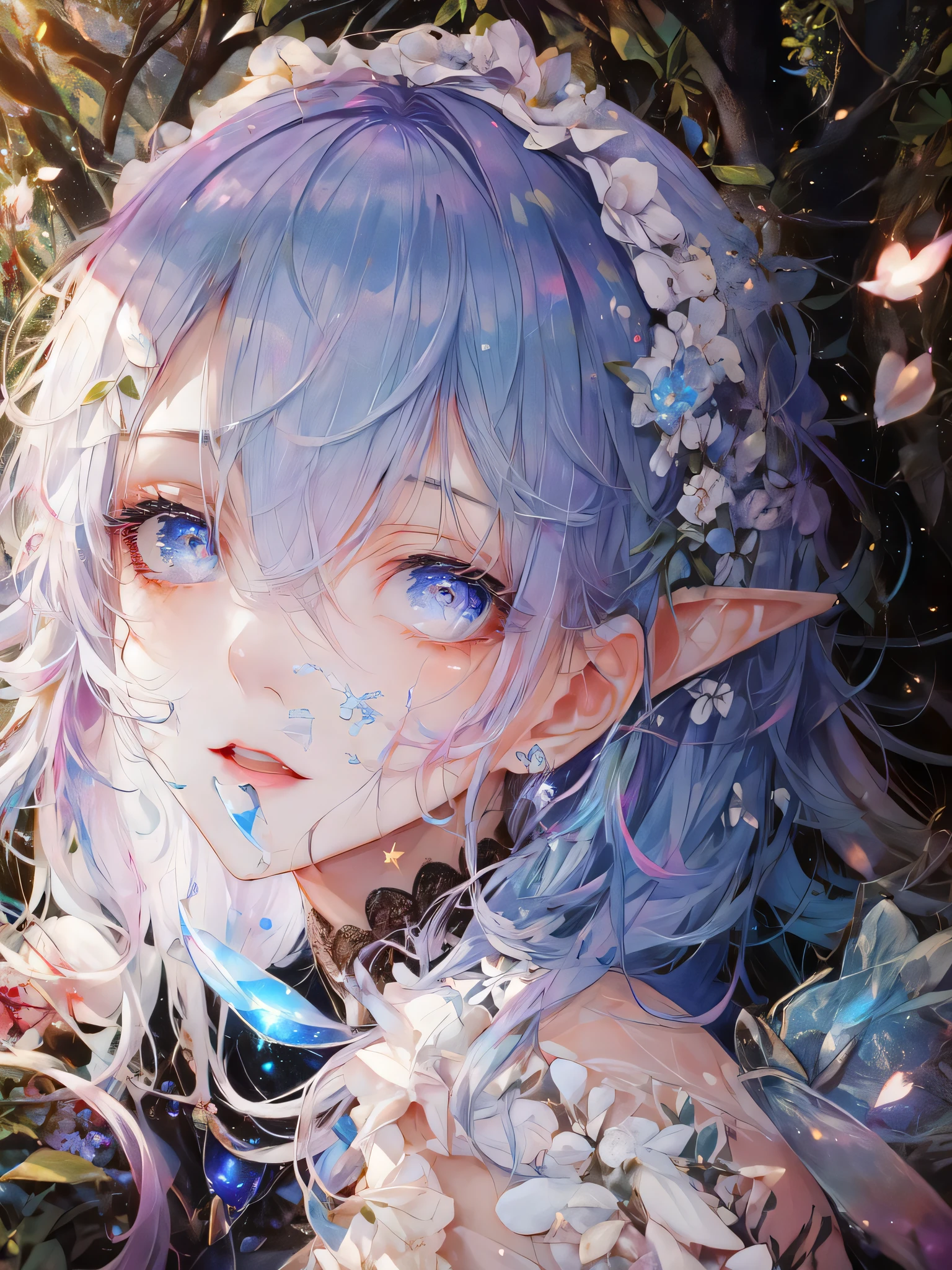 (medium long shot), (cowboy shot:1.3), (()), (small breast size), (blue hair), (blue gradient hair),bare skin, fairy, (transparent fairy wings), blue skin, pixie ears, (in the enchanted forest:1.3), (blue neon trees), (night), (neon fireflies), glowing dust, white particles in the air, BREAK, (teen:1.3), 1girl,eyes shine, hair between eyes,sweet lips,