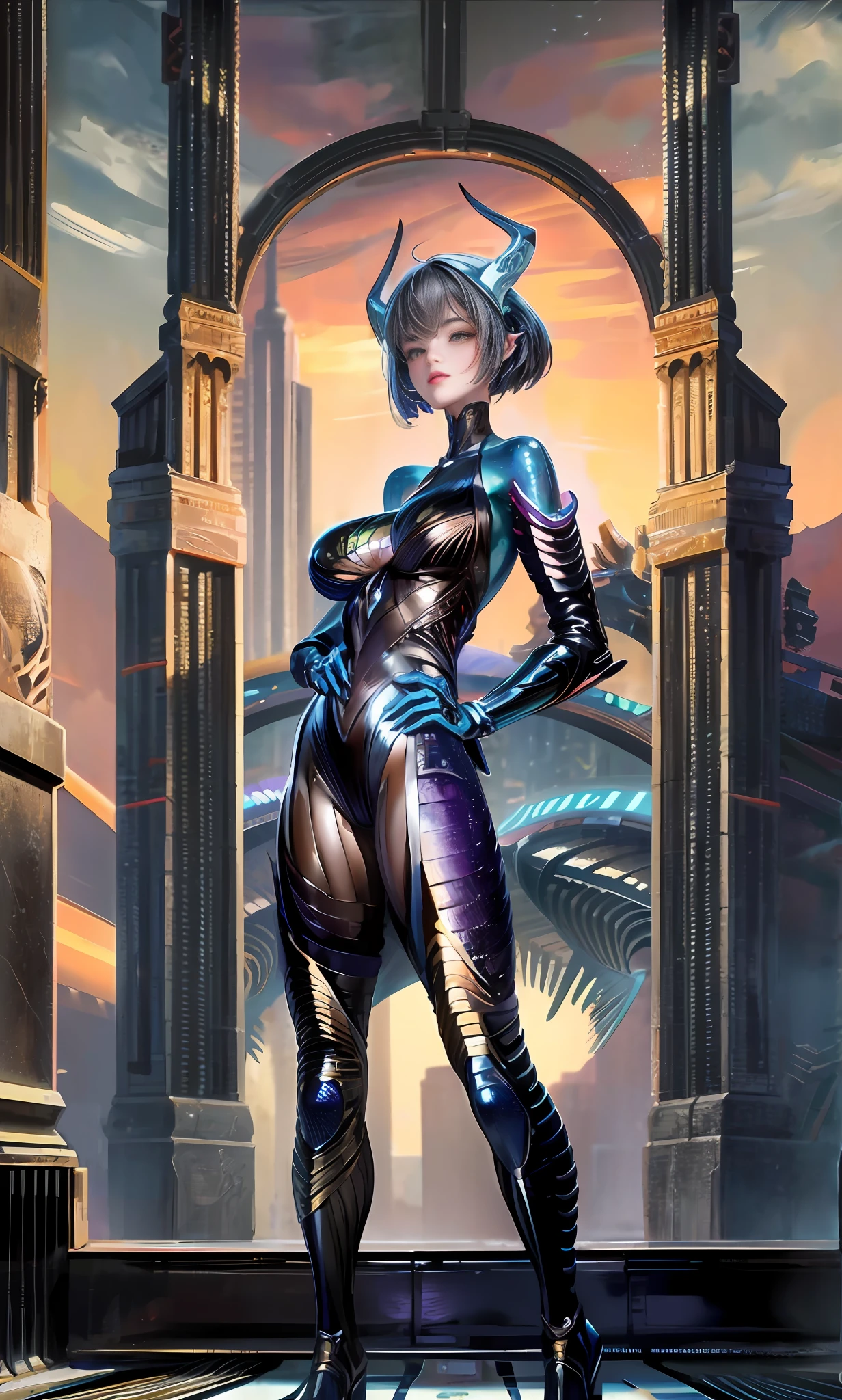 (Masterpiece, Best quality: 1.2), Absurd, (Traditional media: 1.2), (2D:1.2), (Center: 1.3), illustration, skirt_tail, Highly detailed, (super detailed), medium shot, realistic, (Full body: 1.2), (Perfect female figure), a woman in a futuristic suit with horns and horns on her head, standing in front of the futuristic city, 1girl, bangs, black hair, tights, puffiness, large breasts, horns, long hair, looking at the audience, makeup