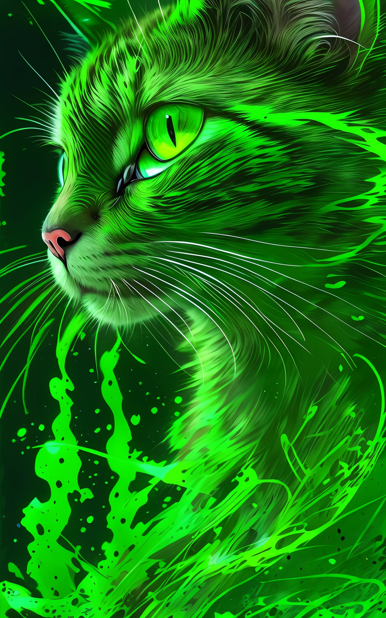 painting of a cat with green eyes and green paint on its face, green glowing eyes, airbrush digital art, 4k detailed digital art, toxic cat, 4k highly detailed digital art, digital green fox, liquid cat, airbrush art, gorgeous digital art, high quality hd digital art, bright green eyes, air brush art, green eyes, with green eyes