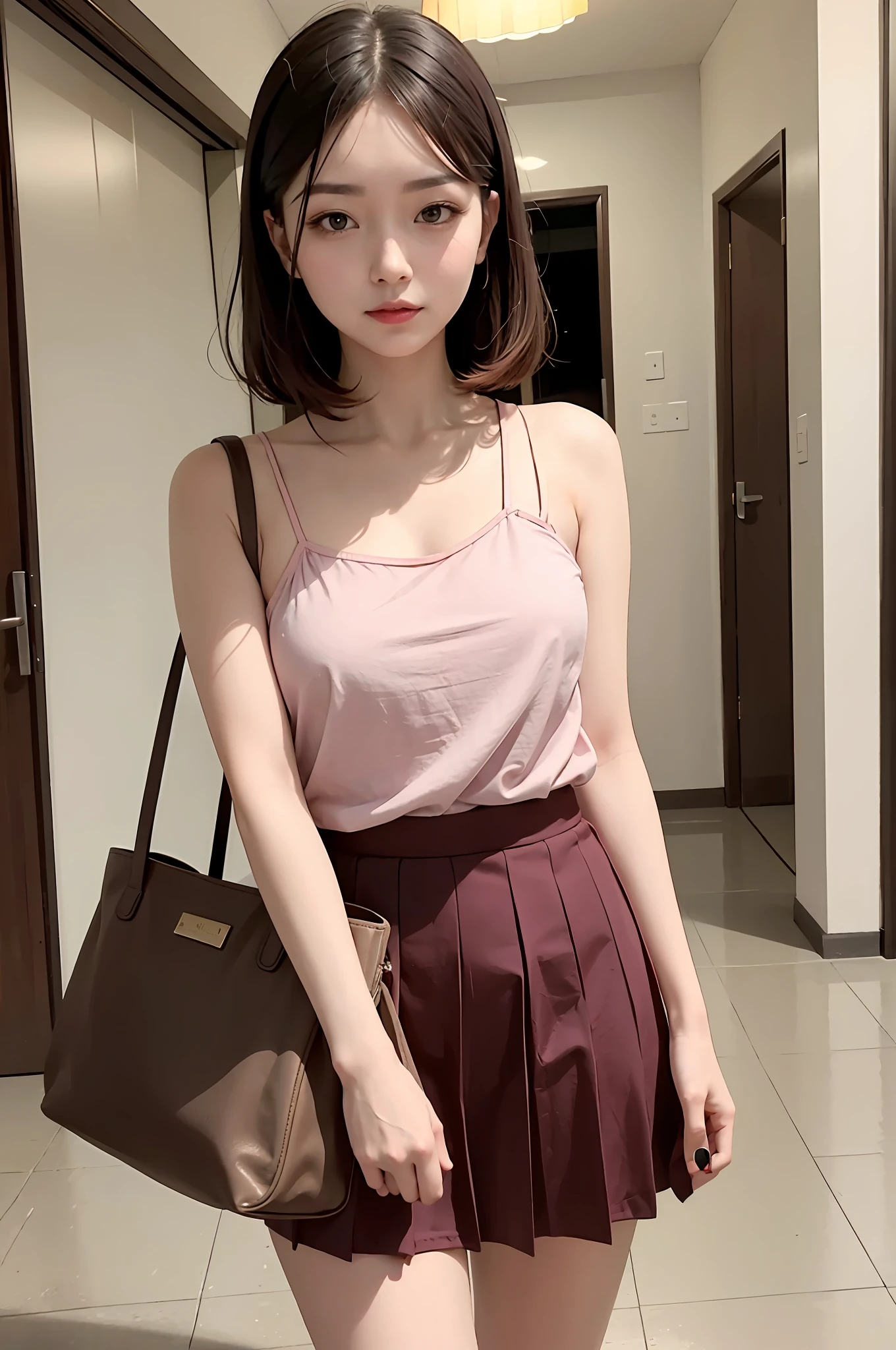 Fashionable beautiful and charming woman, mature and charming Chinese beautiful woman, exquisite and sexy collarbone, charming oval face, double eyelids, vivid peach eyes, pink lips, small nose, bare shoulders, focus on the face, close-up of the face, super High-definition, super-detailed, burgundy flowing pleated skirt paired with a ginger shirt can easily create a retro feel. It is more elegant with thin strap shoes, and the bamboo bag in the hand adds more retro style.