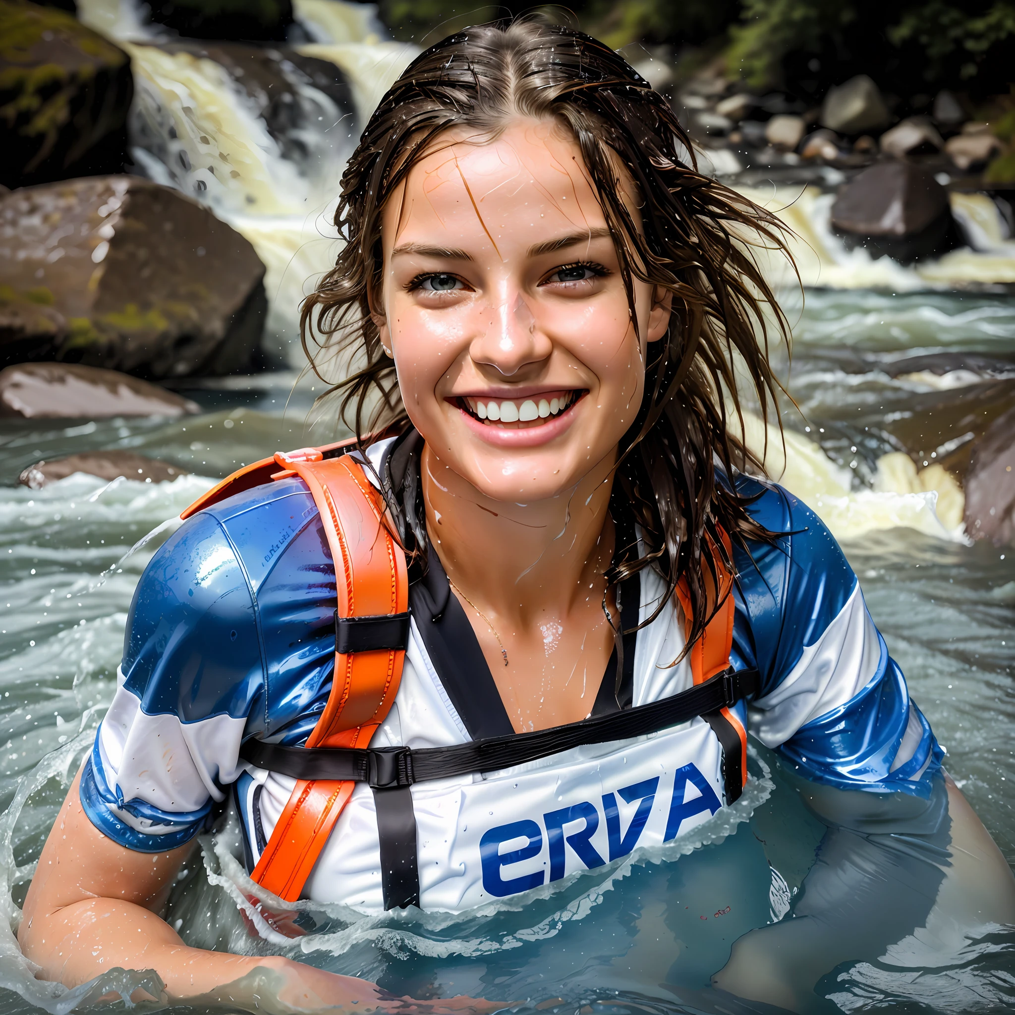 best quality, ultra high res, (photorealistic:1.4), European women, 22 years old, on a rafting boat at a river, foam lifejacket, helmet, soaked clothes, water splashes, smiling, wet hair, leggings, soaked Tshirt