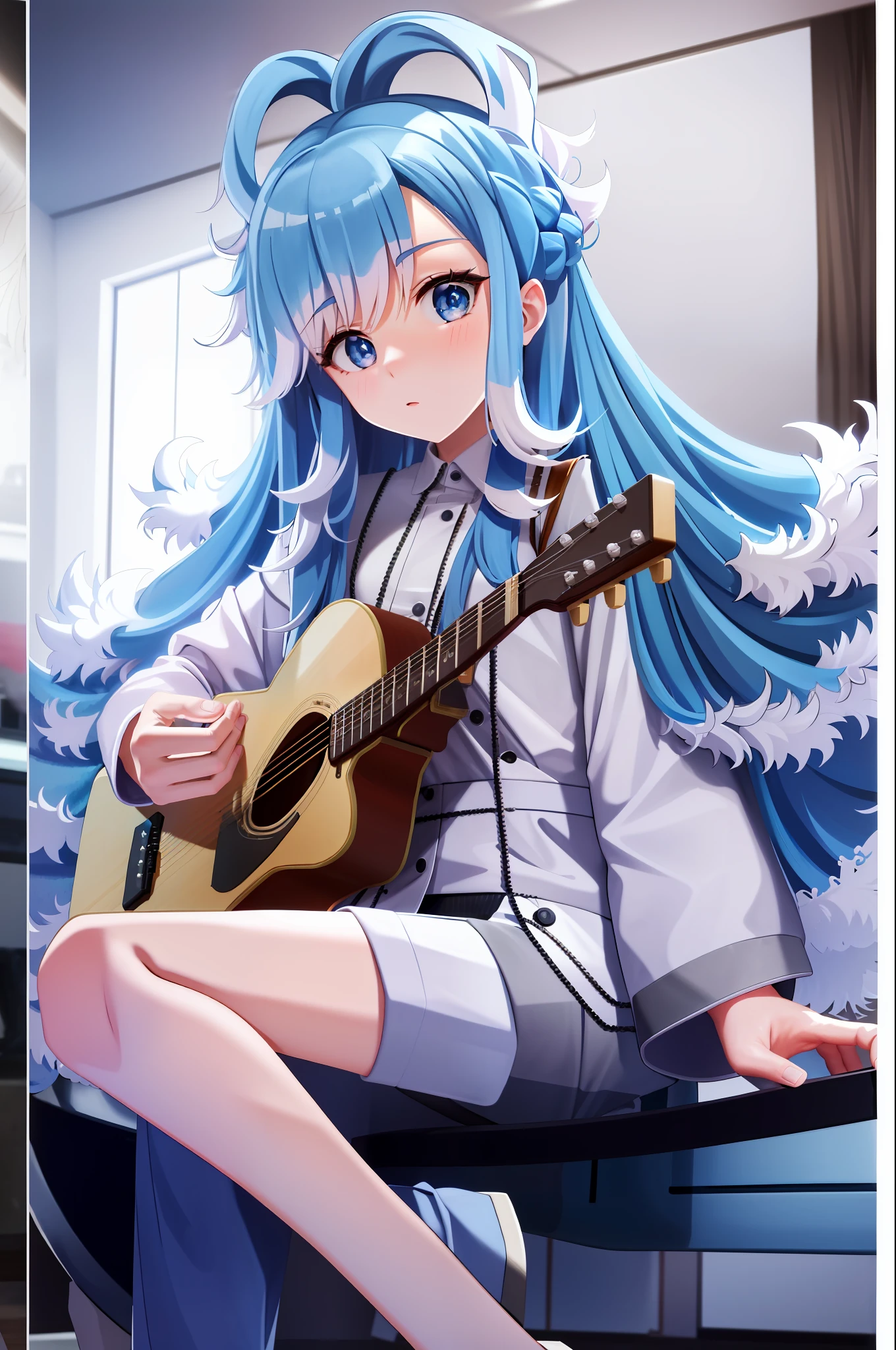 1girl, flat chest, blue hair, long hair, blue eyes, kobo, kanaeru, luxury background, indoors, ahoge, white hair tips, full body at full size, pink lighting, guitar, playing on guitar