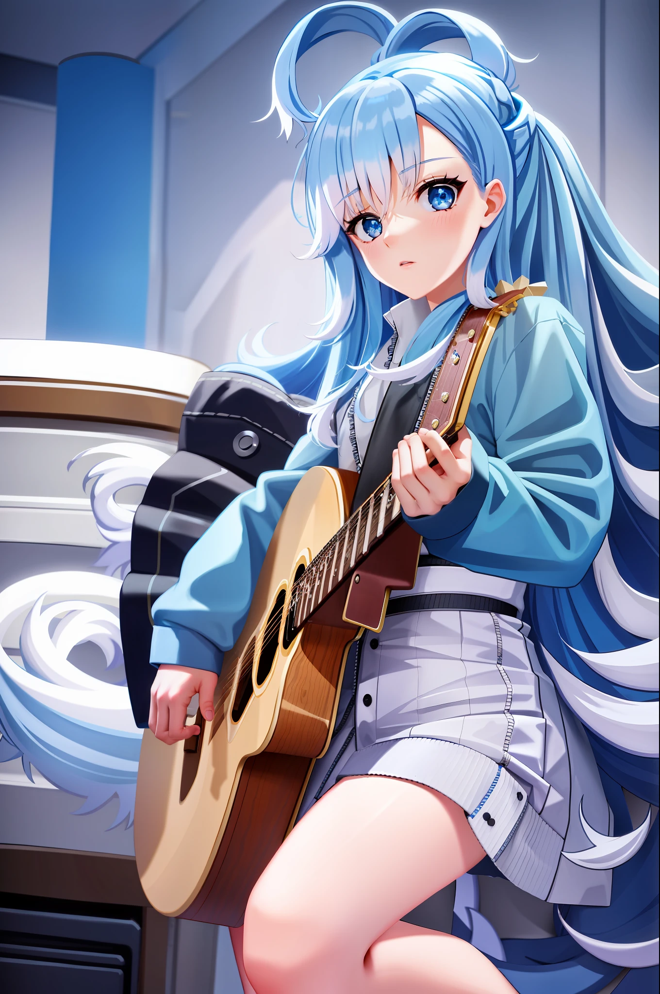 1girl, flat chest, blue hair, long hair, blue eyes, kobo, kanaeru, luxury background, indoors, ahoge, white hair tips, full body at full size, pink lighting, guitar, playing on guitar