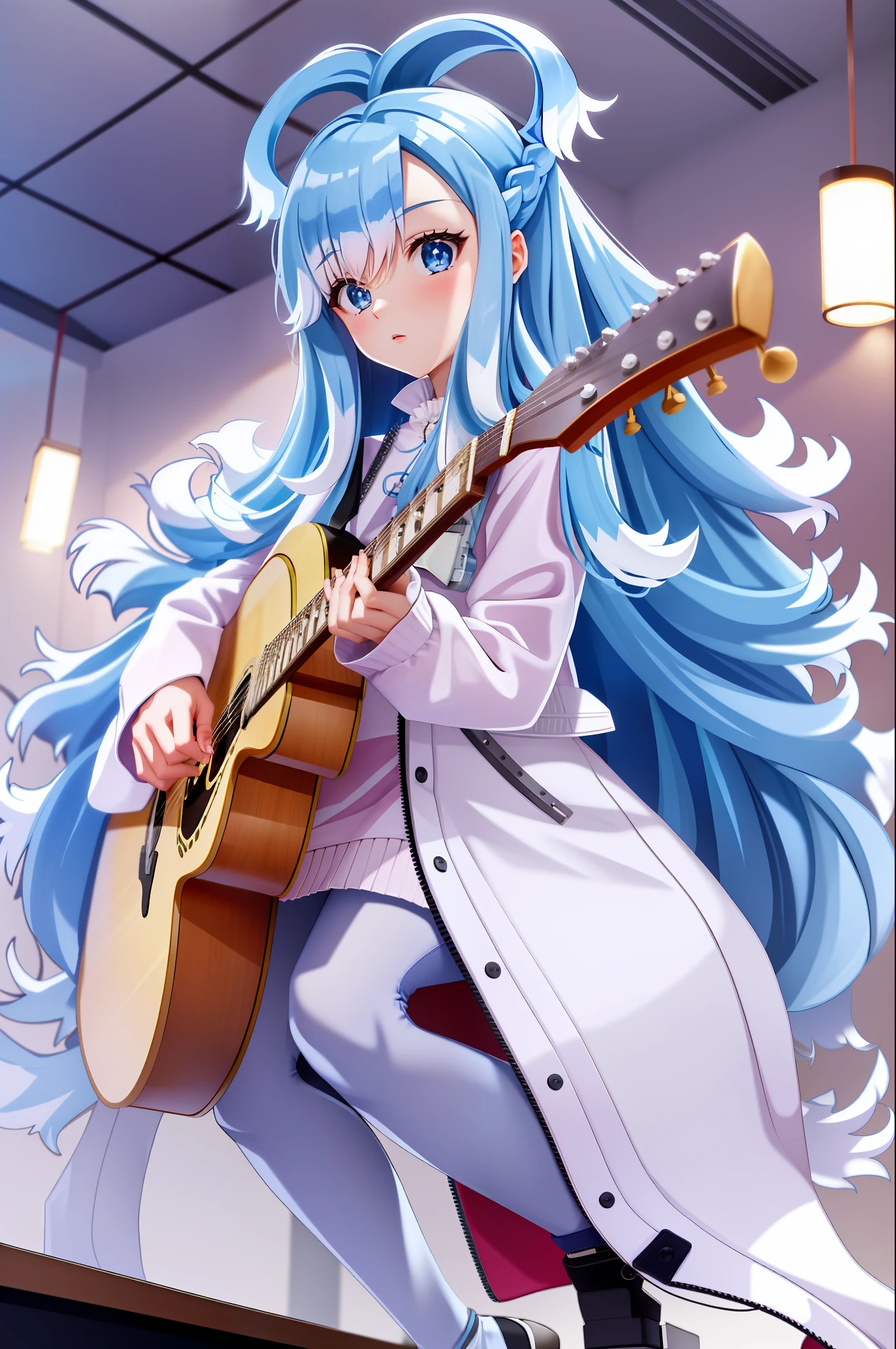 1girl, flat chest, blue hair, long hair, blue eyes, kobo, kanaeru, luxury background, indoors, ahoge, white hair tips, full body at full size, pink lighting, guitar, playing on guitar
