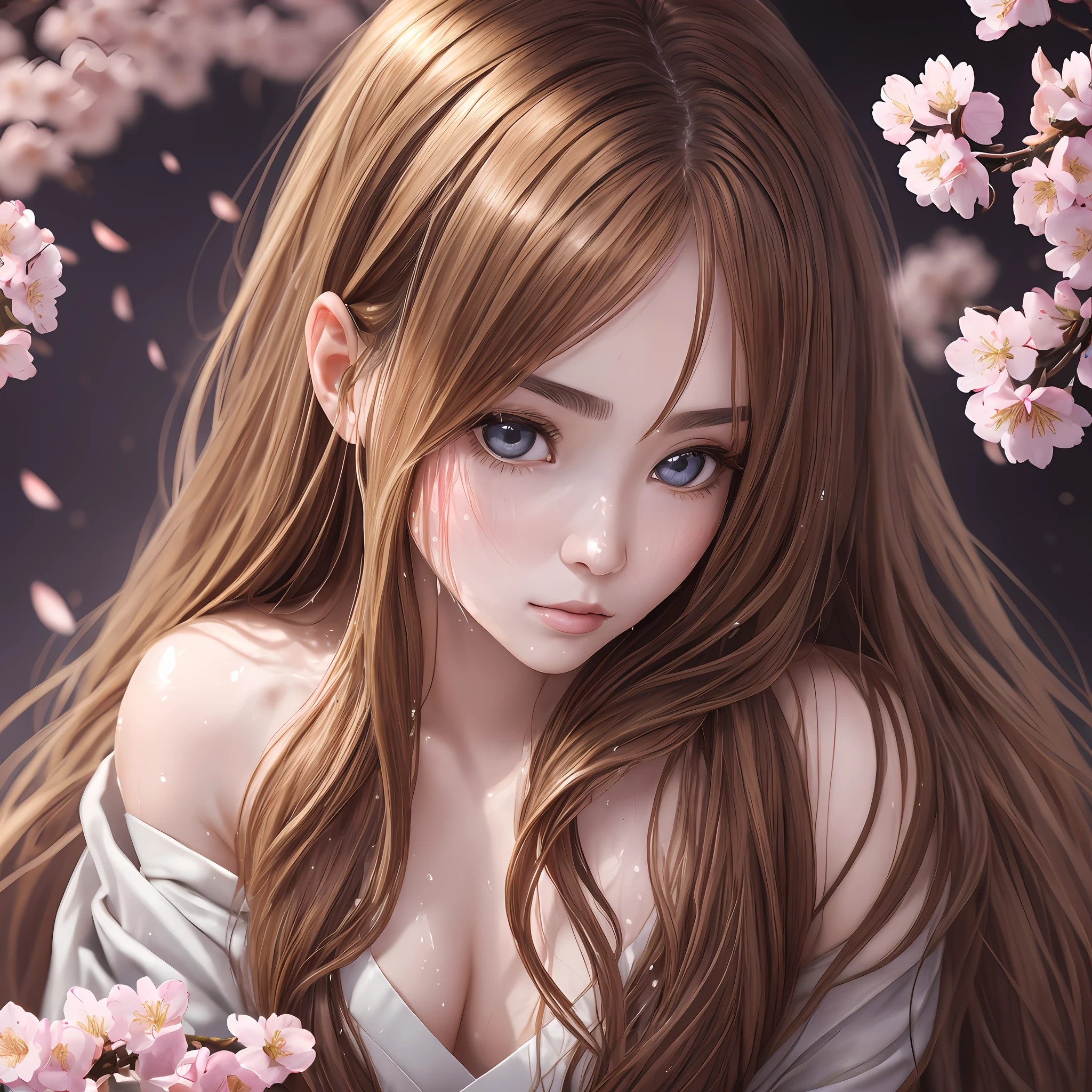1woman, light hair color, big eyes, nose muscle, long lashes, very beautiful sharp face, long hair, soaked with sweat all over the body, sitting on kimono facing up, wearing a thin fabric cloth, whole body very beautiful skin, hiding her chest with cherry blossom wood, very dark room, (absolute area, highest quality, real photo stick)