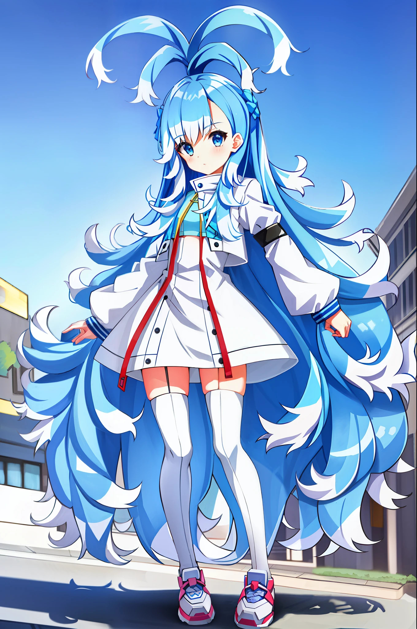 1girl, flat chest, blue hair, long hair, blue eyes, kobo, kanaeru, street background, city, ahoge, white hair tips, full body at full size