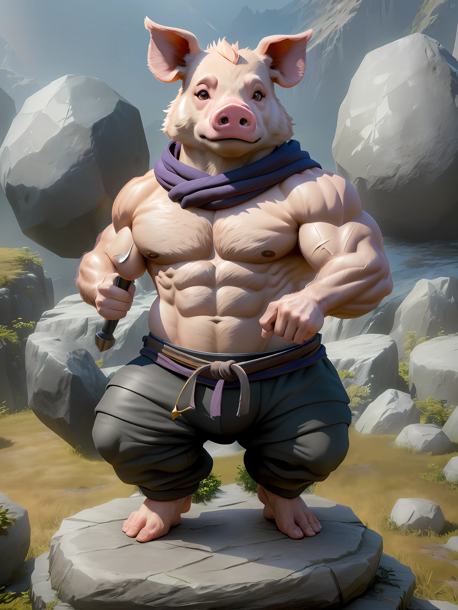 Hammer, holding hammer, there is a pig standing on a rock with a hammer, anthropomorphic warrior piglet, muscle character, 3d rendering stylized, strongest pose, 3d model of japanese mascot, 3d rendered character art 8 K, 3d character rendering, 3d rendering official art, muscle character, stylized 3d rendering, high detail, castle, masterpiece, (HDR) (wallpaper) (cinema lighting) (sharp focus), masterpiece, best quality, (very detailed CG unified 8k wallpaper), (best quality)