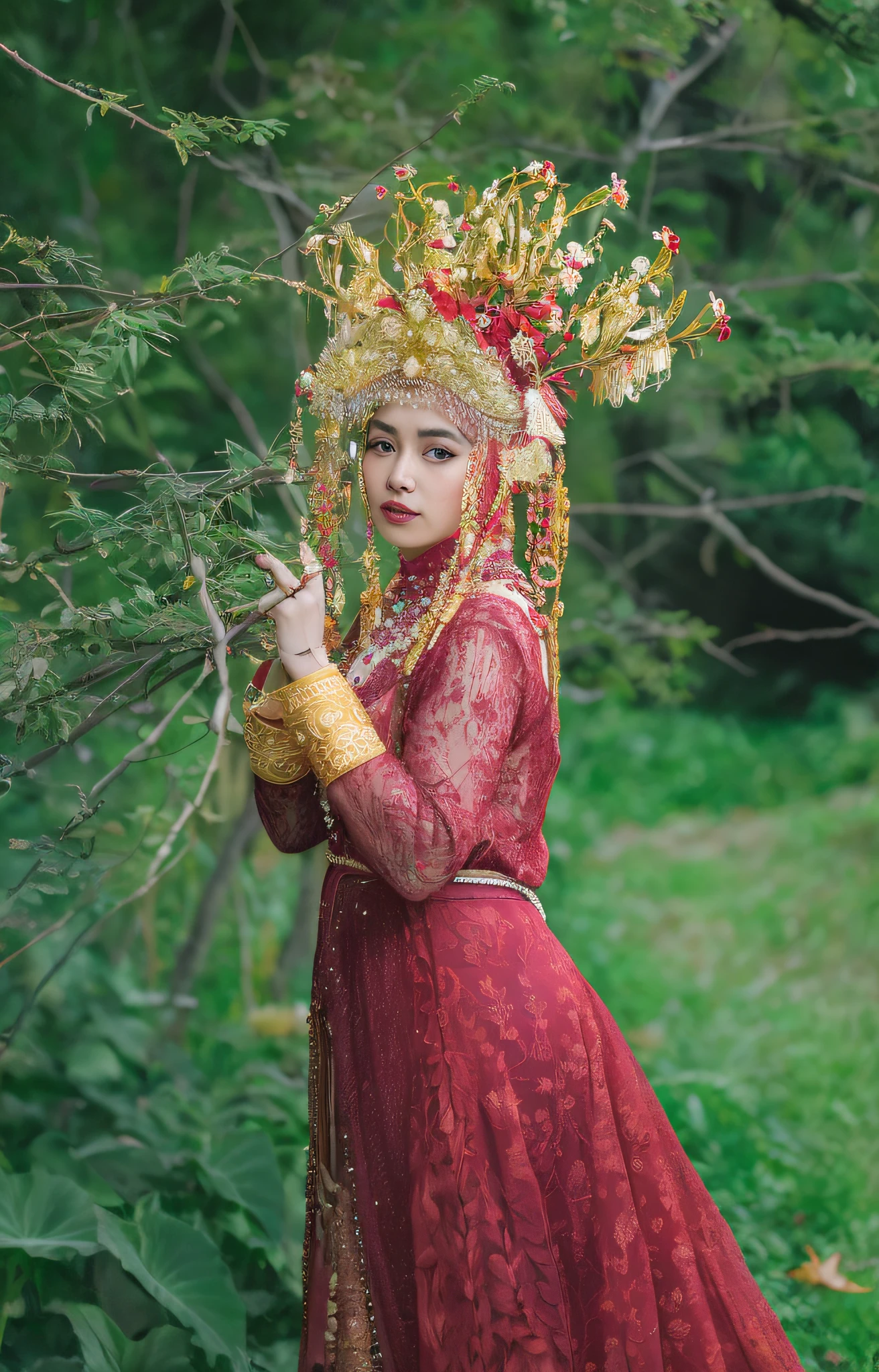 araffe woman in a red dress and headdress holding a branch, traditional beauty, traditional dress, wearing ornate clothing, traditional costume, wearing an ornate outfit, autumnal empress, wearing authentic attire, the goddess of autumn harvest, sukhothai costume, traditional clothes, wearing traditional garb, traditional photography, traditional clothing, mid shot portrait, queen of the forest, (8k, RAW Photo, Best Quality, Masterpiece: 1.2), (Realistic, Realistic: 1.37), 1 Girl, Woman in Red Dress and Headdress Posing for Photo