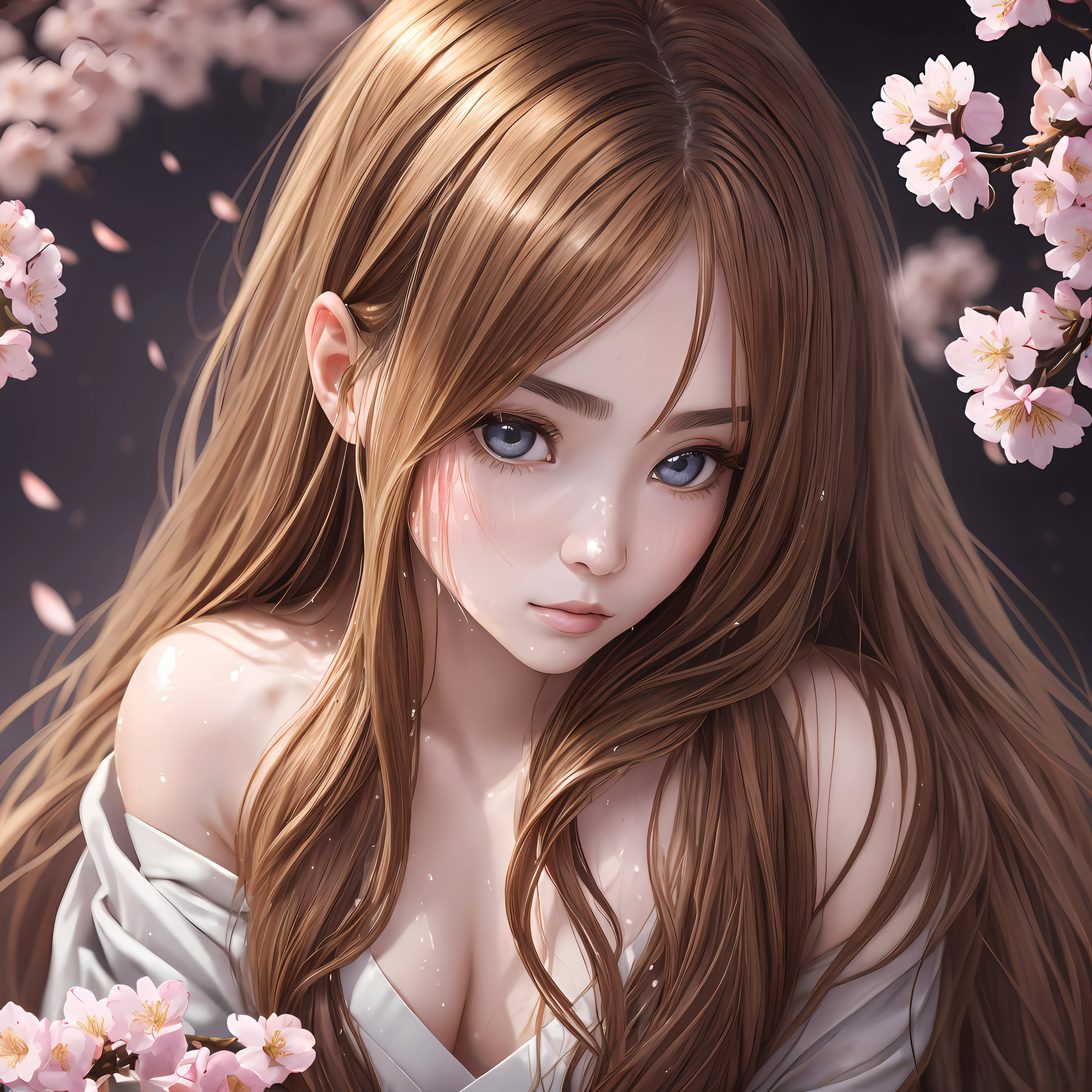 1woman, light hair color, big eyes, nose muscle, long lashes, very beautiful sharp face, long hair, soaked with sweat all over the body, sitting on kimono facing up, wearing a thin fabric cloth, whole body very beautiful skin, hiding her chest with cherry blossom wood, very dark room, (absolute area, highest quality, real photo stick)