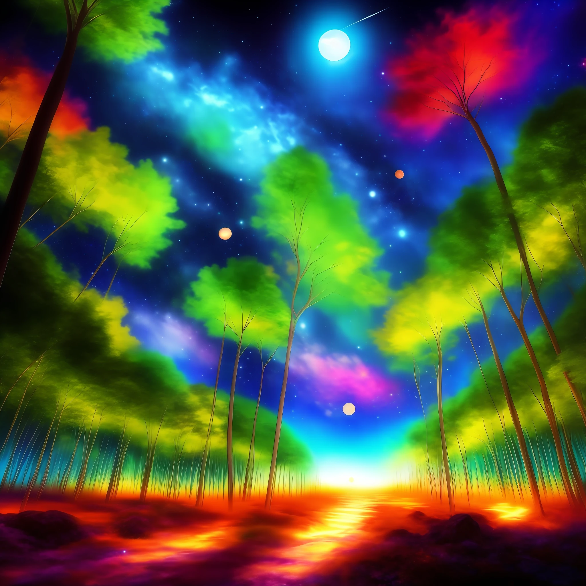 anime drawing of forest space, intricate, vivid colors