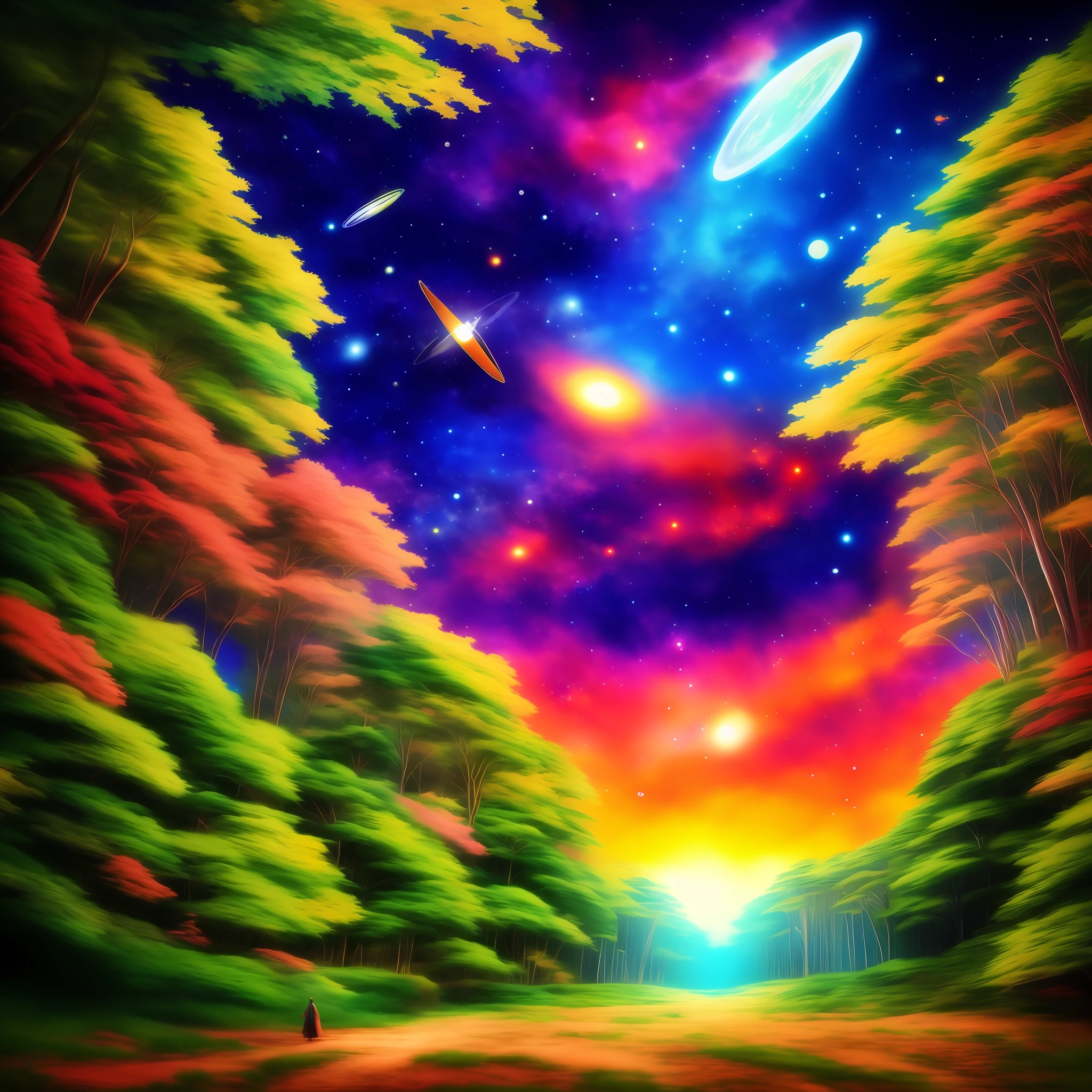 anime drawing of forest space, intricate, vivid colors