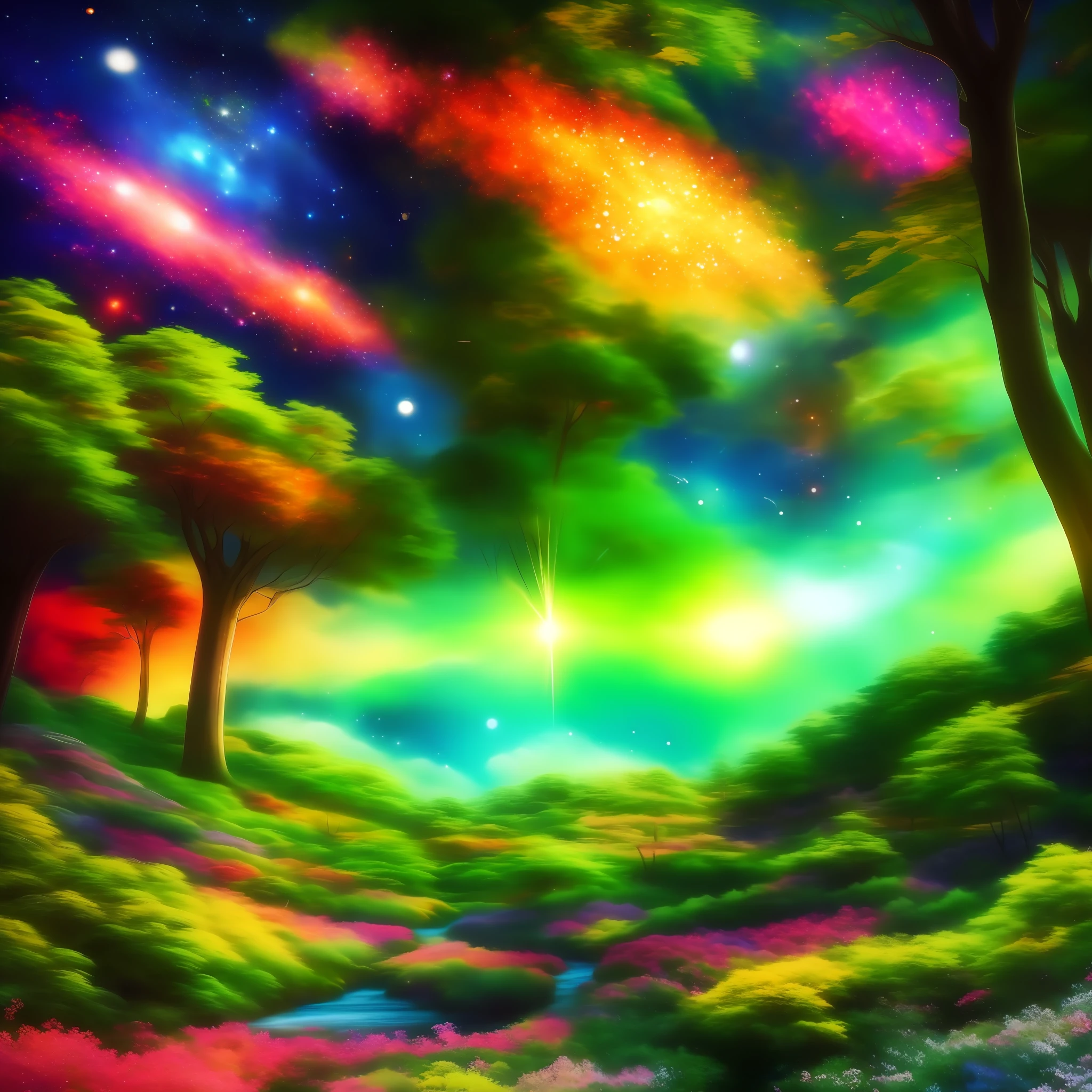 anime drawing of  forest   space,  intricate, vivid colors