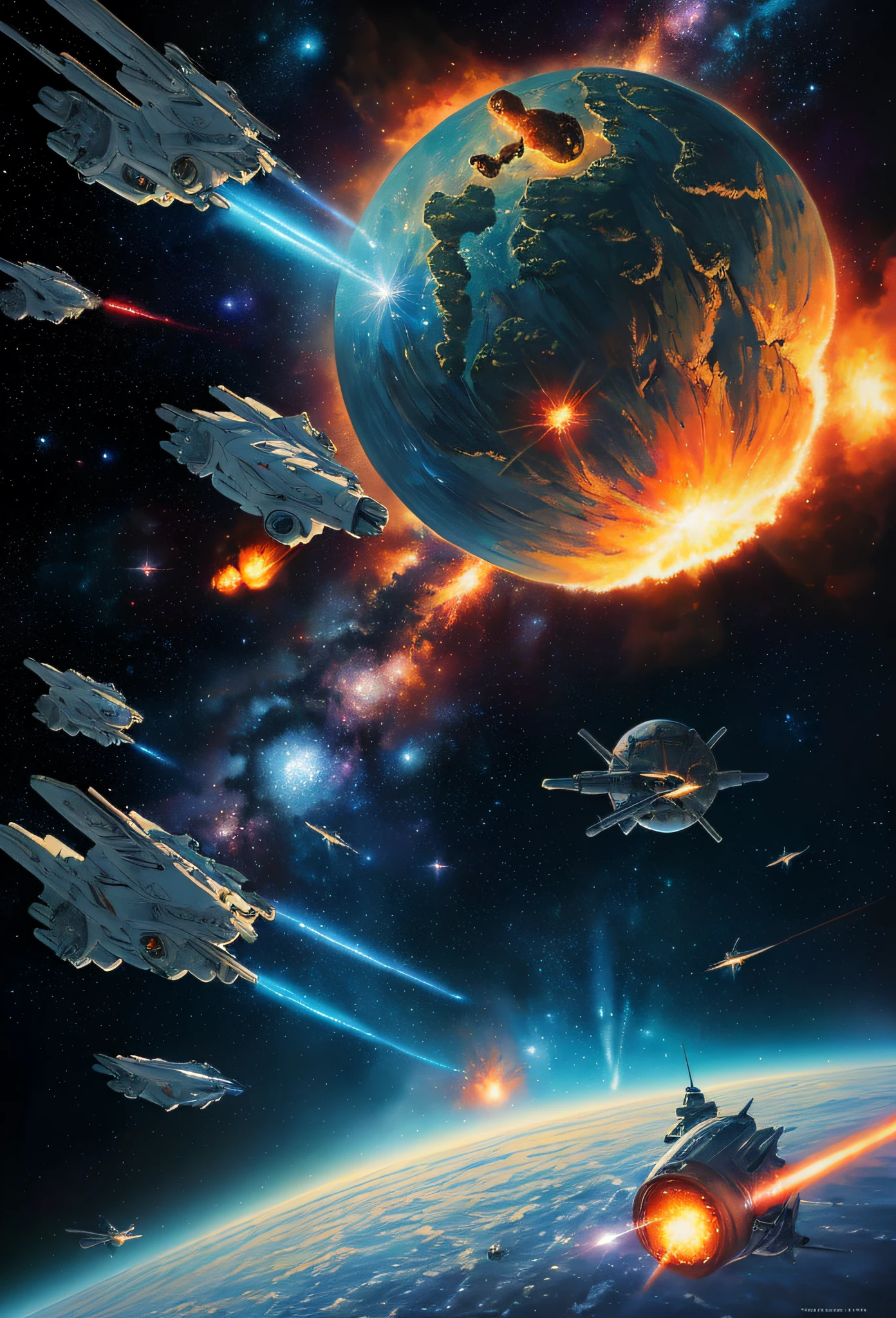 ((best quality)), ((masterpiece)), ((ultra realistic)), beautiful intricately detailed soft oil painting of a scifi space battle, star fighters, huge looming capital ship, lasers, heavy weapons fire, explosions, gas-giant planet background, sea of stars, milkyway, (comic style)