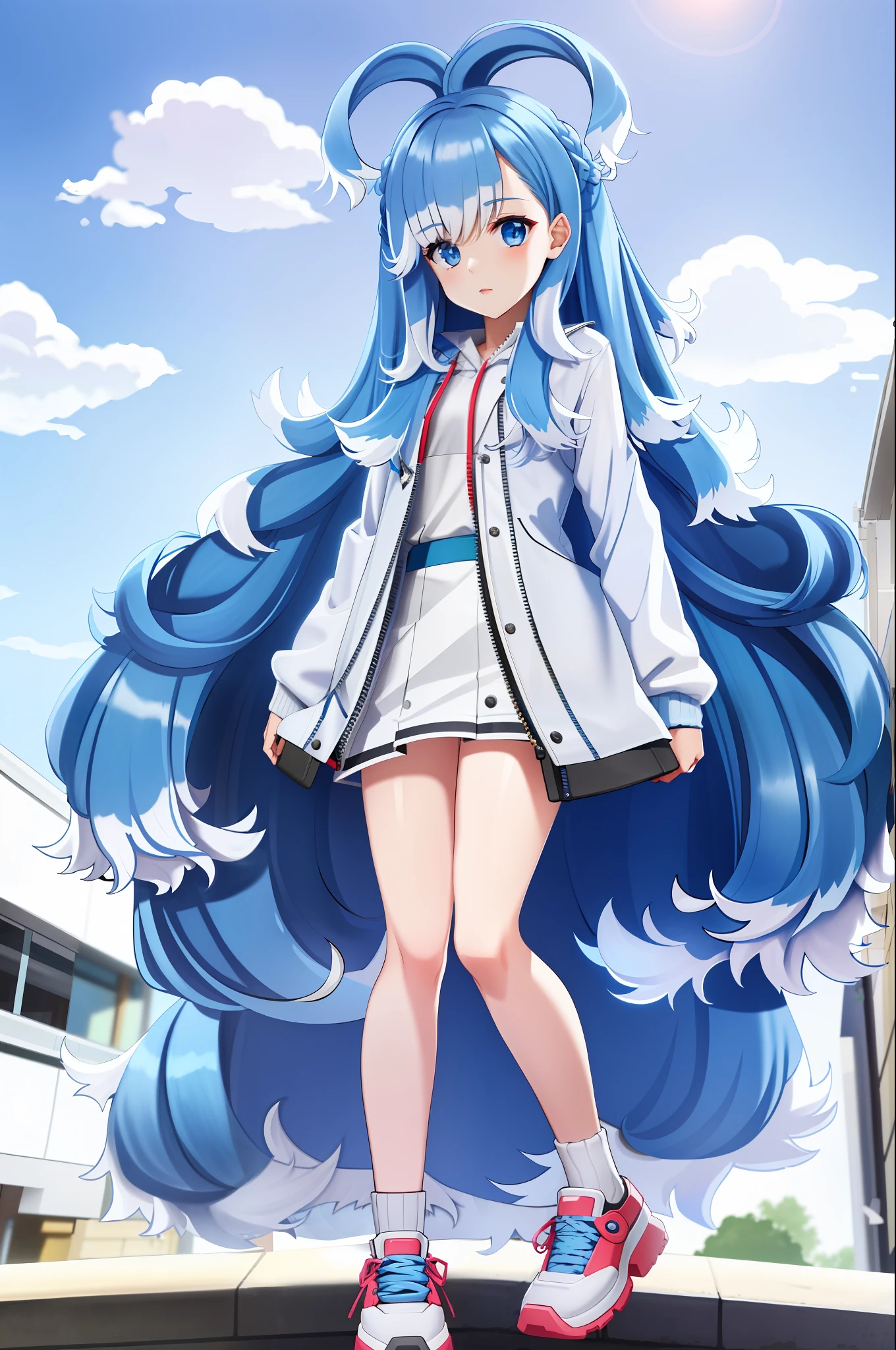 1girl, flat chest, blue hair, long hair, blue eyes, kobo, kanaeru, street background, city, ahoge, white hair tips, full body at full size