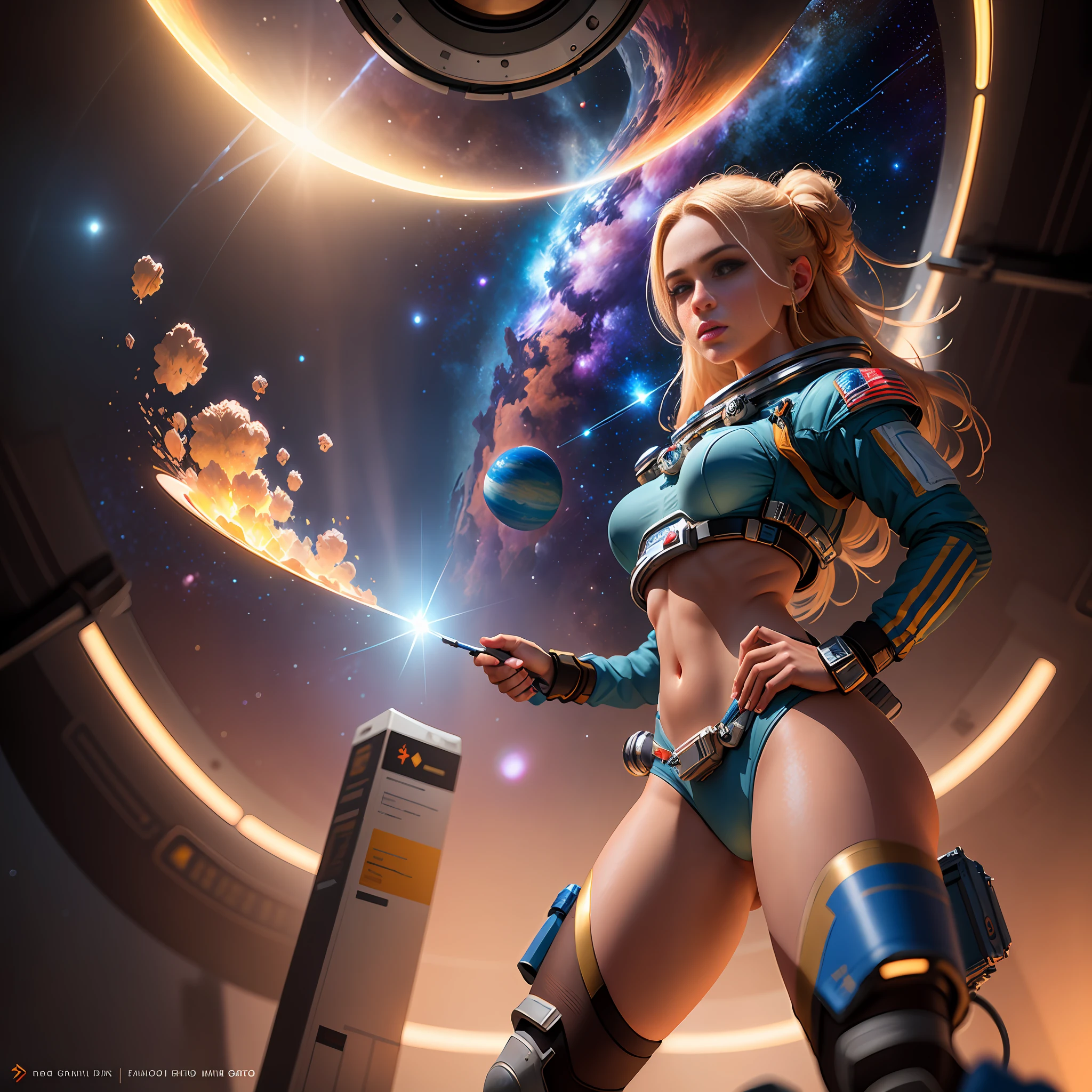 Highly detailed RAW color Photo, beautiful young girl in space suit, (wide hips), (detailed skin), (detailed lips), (detailed eyes), (space:1.4), smoke, (space setting) (detailed face), blonde, midriff exposed, small thong, detailed eyes, chromatic aberration, depth of field, soft lighting, masterpiece, best quality, intricate, (bloom:0.7), (from below:1.4), low angle, particle effects, raytracing, tone mapped, highly detailed, concept art, smooth, sharp focus, dramatic lighting, highly detailed artwork, cinematic, hyper realistic painting, trending on Artstation, 8K, incredible shadows, realistic, (highly detailed background:1.2), art by midjourney