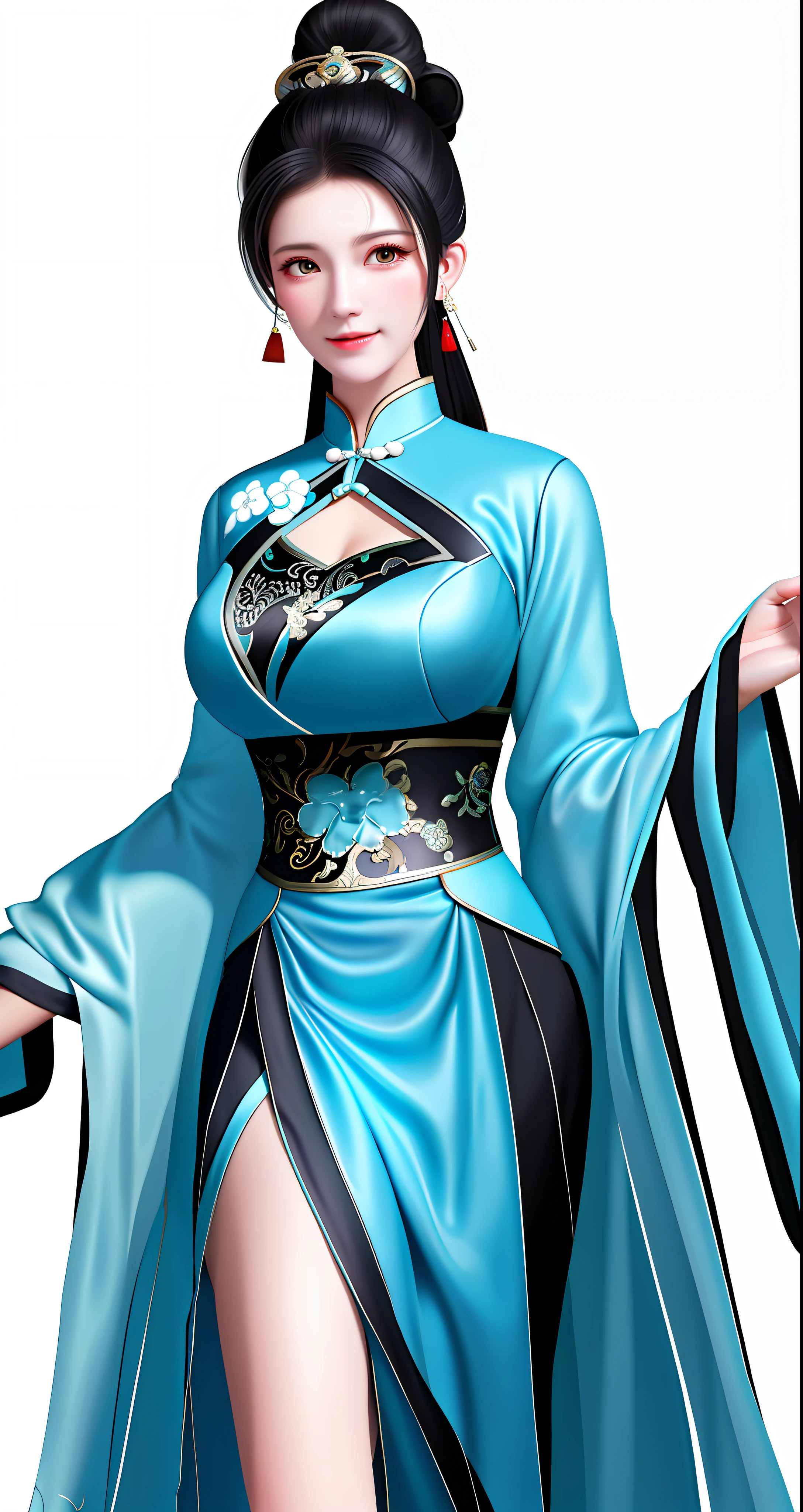 White background wall, wife mature Chinese style black single ponytail cyan clothes elegant temperament big breasts, half nude long legs chest close-up, high quality, detailed, HD