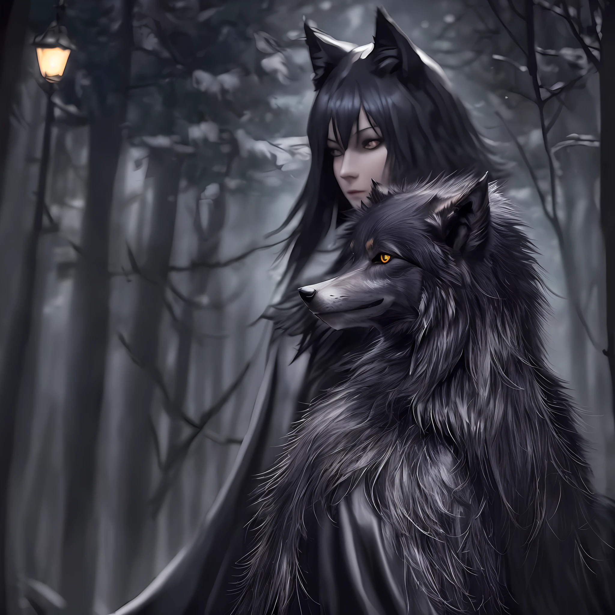 wolf Dark coat: A goth wolf may have a black or dark gray coat to blend in with the darkness of shadows and night.

Bright eyes: The eyes of the Gothic wolf can be yellow or red, shining brightly in the darkness.

Elegant posture: the Gothic wolf can have a proud and confident posture, walking with firm and elegant steps.

Silver or black details: Silver or black details can be added to your coat or accessories to give it a more sophisticated touch.

Nocturnal preference: The Gothic wolf prefers night and darkness, avoiding the bright sunlight of the day.

Hoarse and deep voice: The voice of the Gothic wolf can be hoarse and deep, with a threatening and enigmatic tone.

Lonely and independent: The Gothic wolf may prefer to live in the shadows and get away from the company of humans and other animals.

Mysterious personality: The Gothic wolf can be enigmatic and mysterious, keeping his intentions and thoughts hidden. --auto --s2