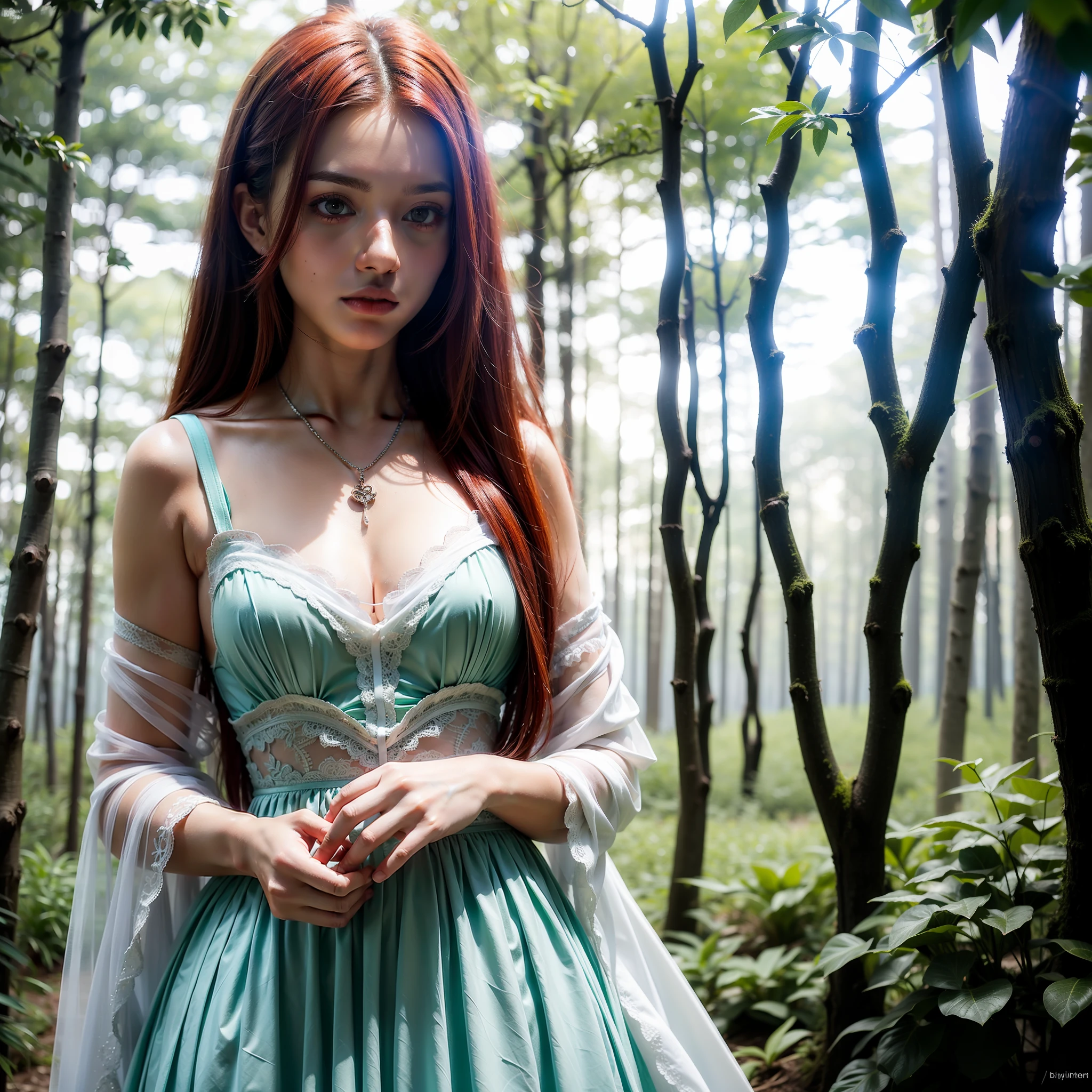 (masterpiece), best quality, ultra-high detail, smooth texture, haunted forest, intense fog, (1 girl), green eyes, red hair, white dress, silver chain, blurred background, high resolution, diffused light.