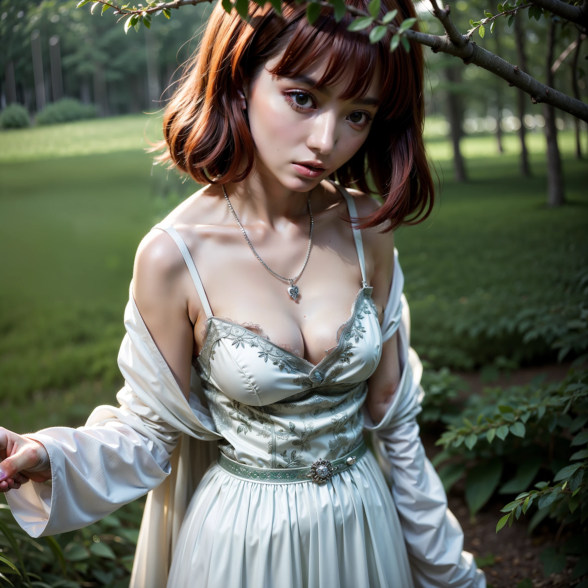 (masterpiece), best quality, ultra-high detail, smooth texture, haunted forest, intense fog, (1 girl), green eyes, red hair, white dress, silver chain, blurred background, high resolution, diffused light.