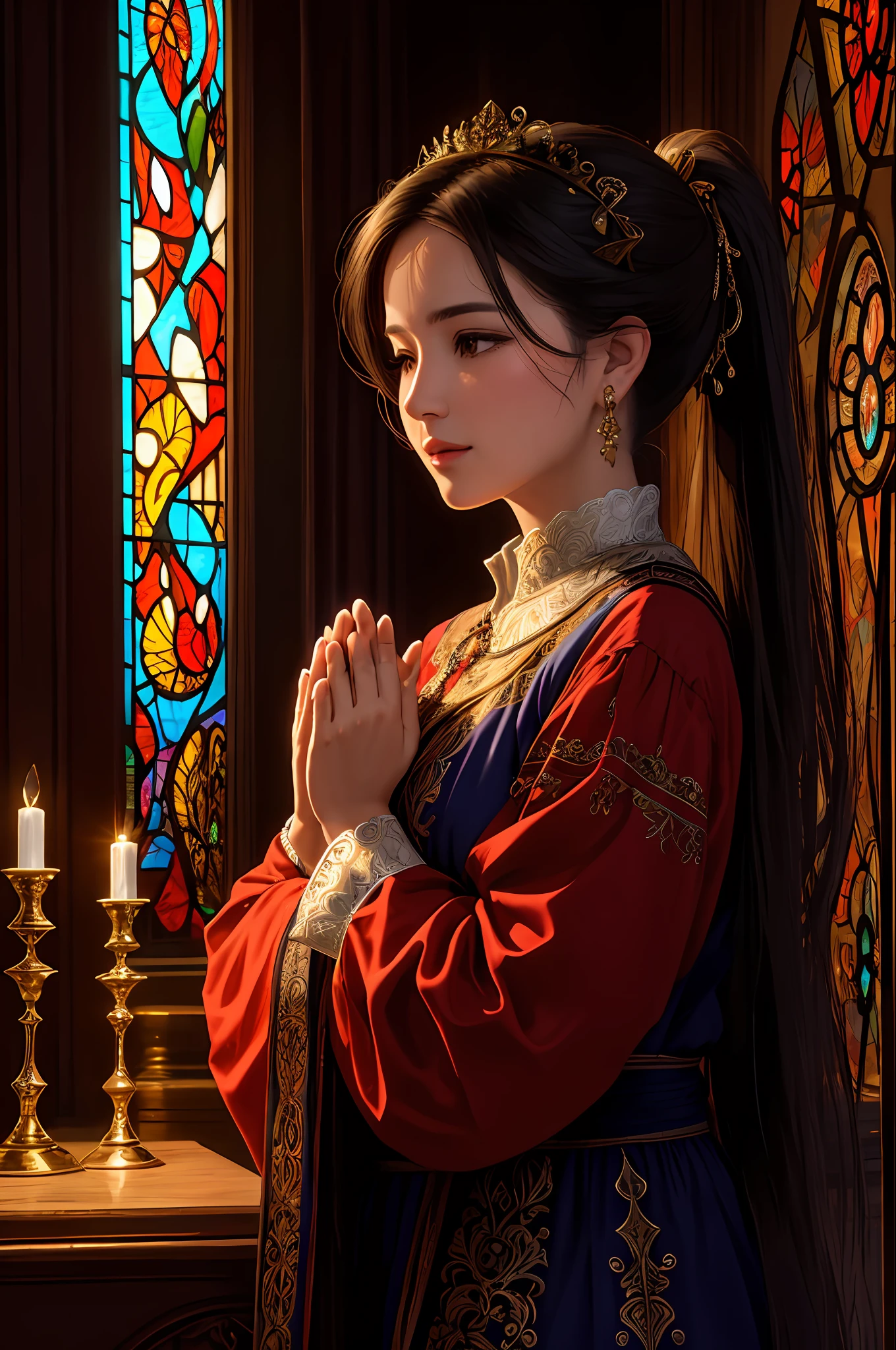 (Masterpiece, Best Quality, Best Quality, Official Art, Beautiful and Aesthetic: 1.2), ((Woman in her 40s praying: 1.3)), Detail face, Detail nose, Detailed lips, Detailed hands, Short ponytail up, BREAK Stained glass art, Colored glass, Lead line, Light transmittance BREAK Vivid colors, intricate design, luminous effects, spiritual atmosphere, (small visible scene from a distance)