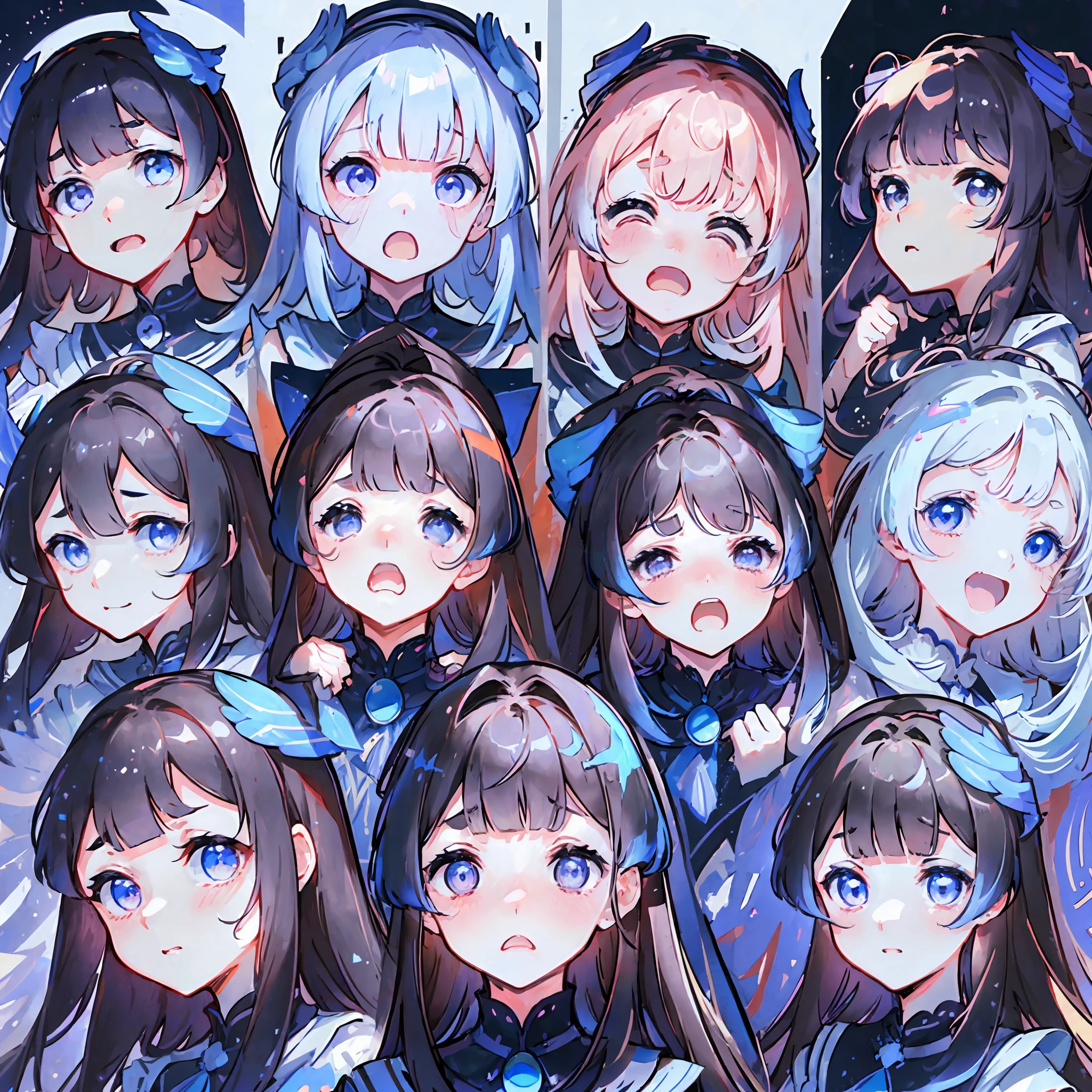 f/64 group, related characters, (all kinds of expressions,happpy, sad, angry, expectant
laughter, disappointed, Scared,Surprised), white background, emoji as illustration set,dynamic pose dark white, --s2