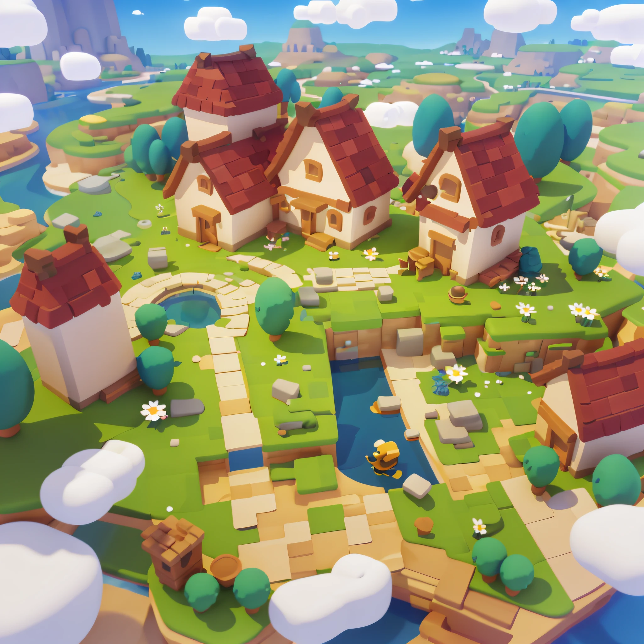 game architectural design, cartoon, town, stone, blue sky, white clouds, bricks, meadow, river, flowers, casual game style, 3d, blender, masterpiece, super detail, best quality