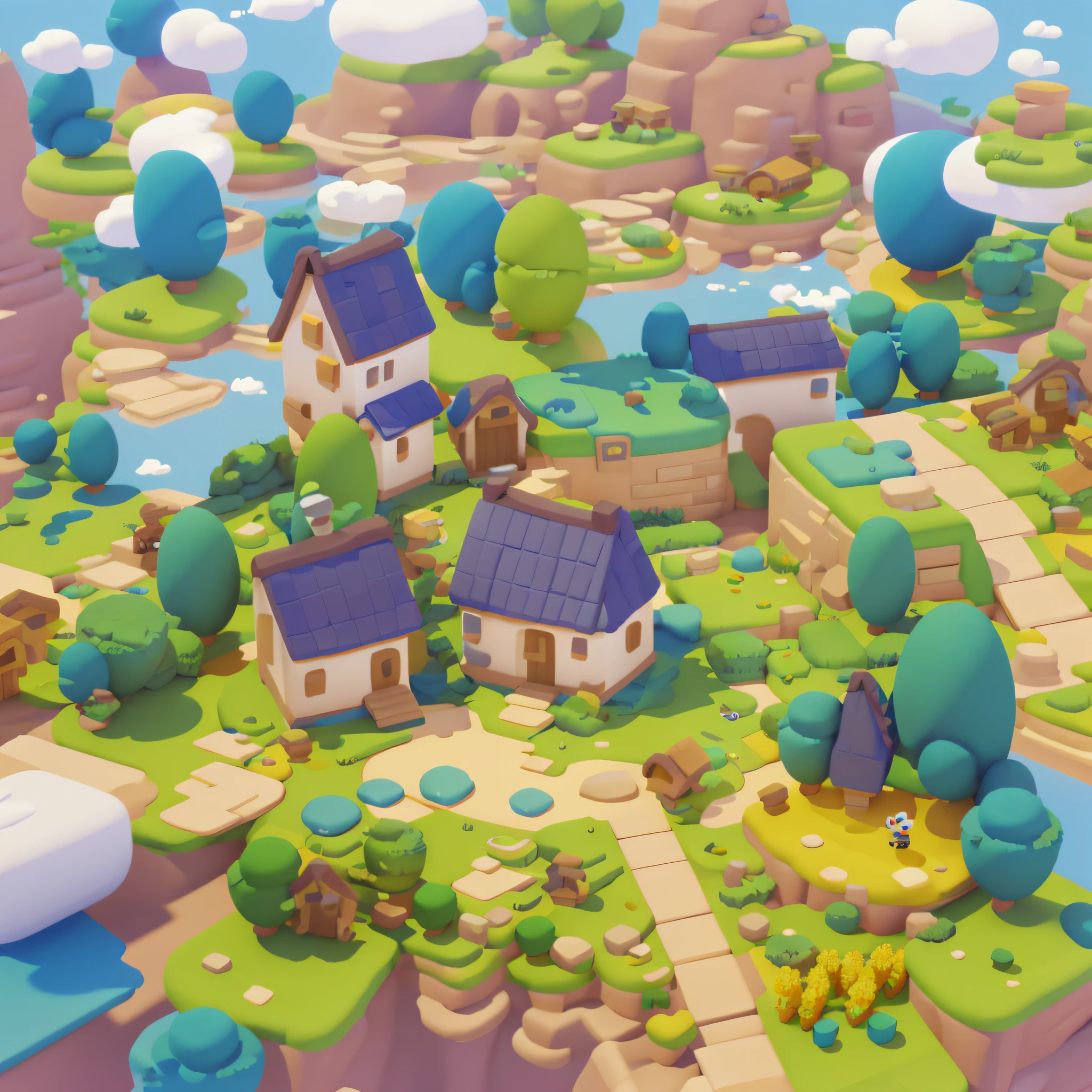 game architectural design, cartoon, town, stone, blue sky, white clouds, bricks, meadow, river, flowers, casual game style, 3d, blender, masterpiece, super detail, best quality