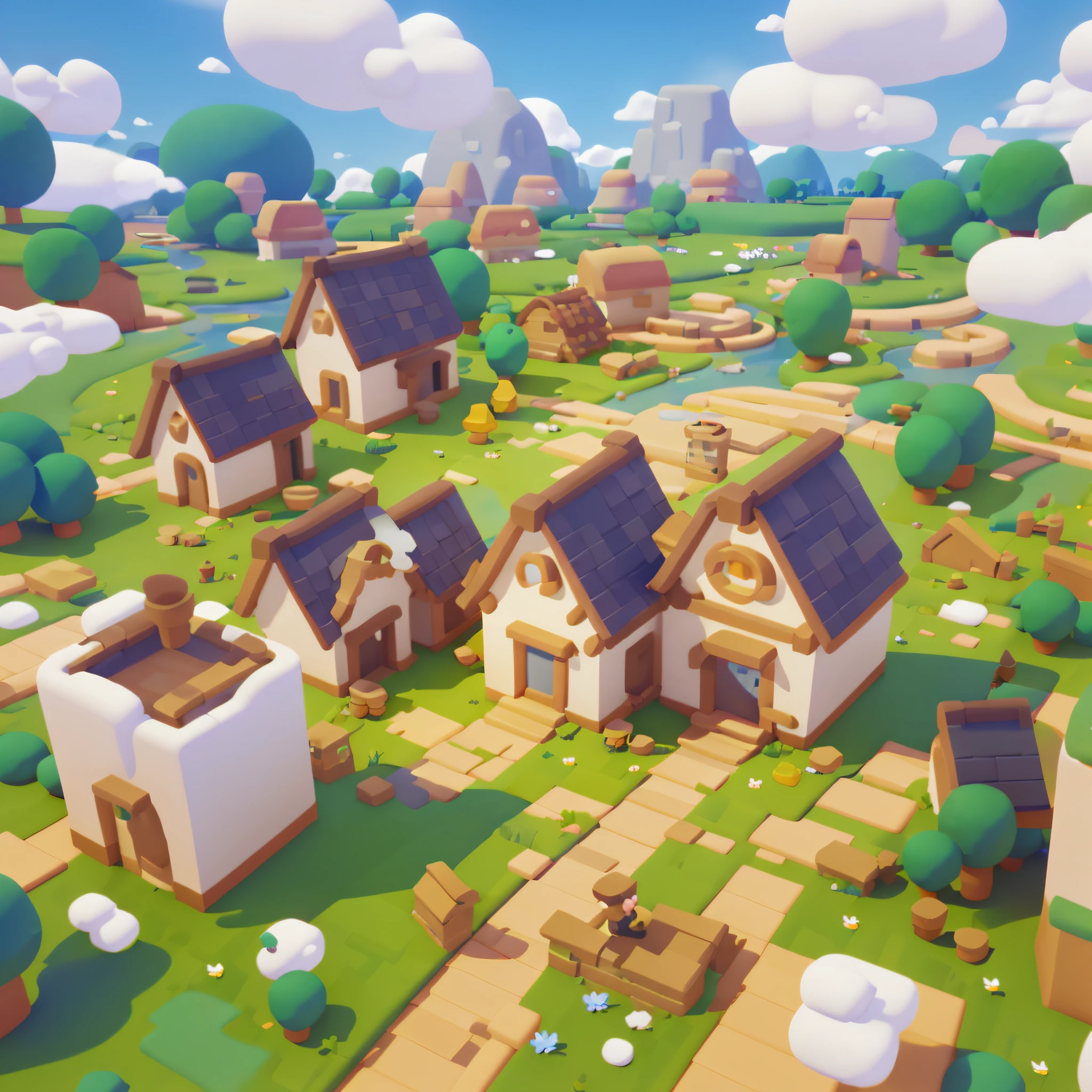 game architectural design, cartoon, town, stone, blue sky, white clouds, bricks, meadow, river, flowers, casual game style, 3d, blender, masterpiece, super detail, best quality