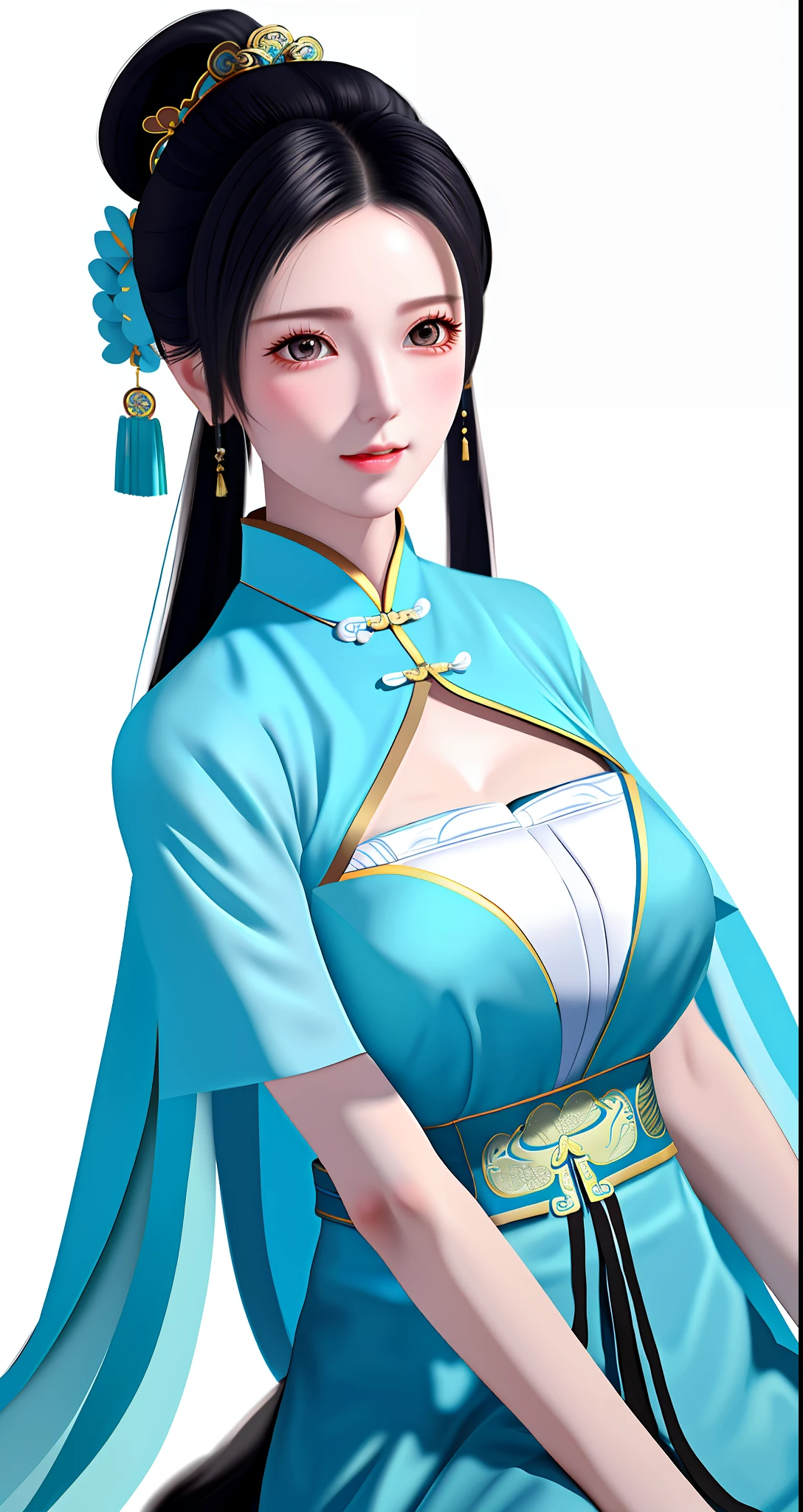 White background wall, wife mature Chinese style black single ponytail cyan clothes elegant temperament big breasts, half nude long legs chest close-up, high quality, detailed, HD