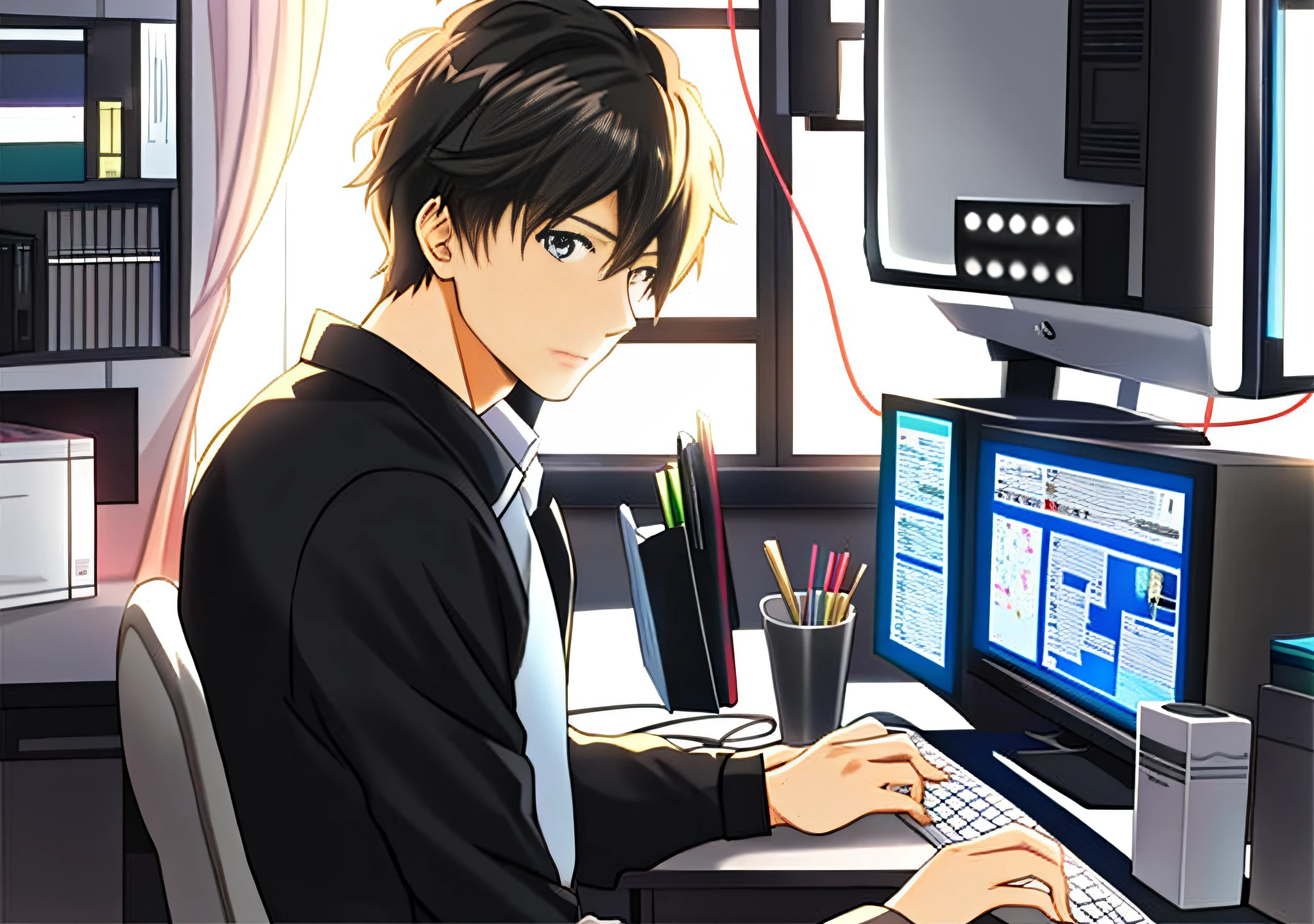 anime guy sitting at a desk with a computer and a keyboard, kawacy, high quality anime artstyle, makoto shinkai style, modern anime style, anime asthetic, anime wallaper, anime background, makoto shinkai art style, ( ( makoto shinkai ) ), detailed digital anime art, sitting at his desk, anime aesthetic, ; visual novel
