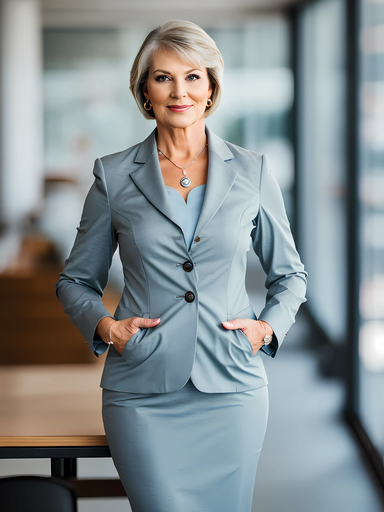 photo of a mature woman wearing a business dress, fifty year old, slim figure, (standing with hands behind back:1.0), simple background, sharp focus, 8k, studio lighting, photo realistic, highly detailed, canon R5, 50mm focal length, f/5.6. (highly detailed skin:1.1), (cellulite:1.1)