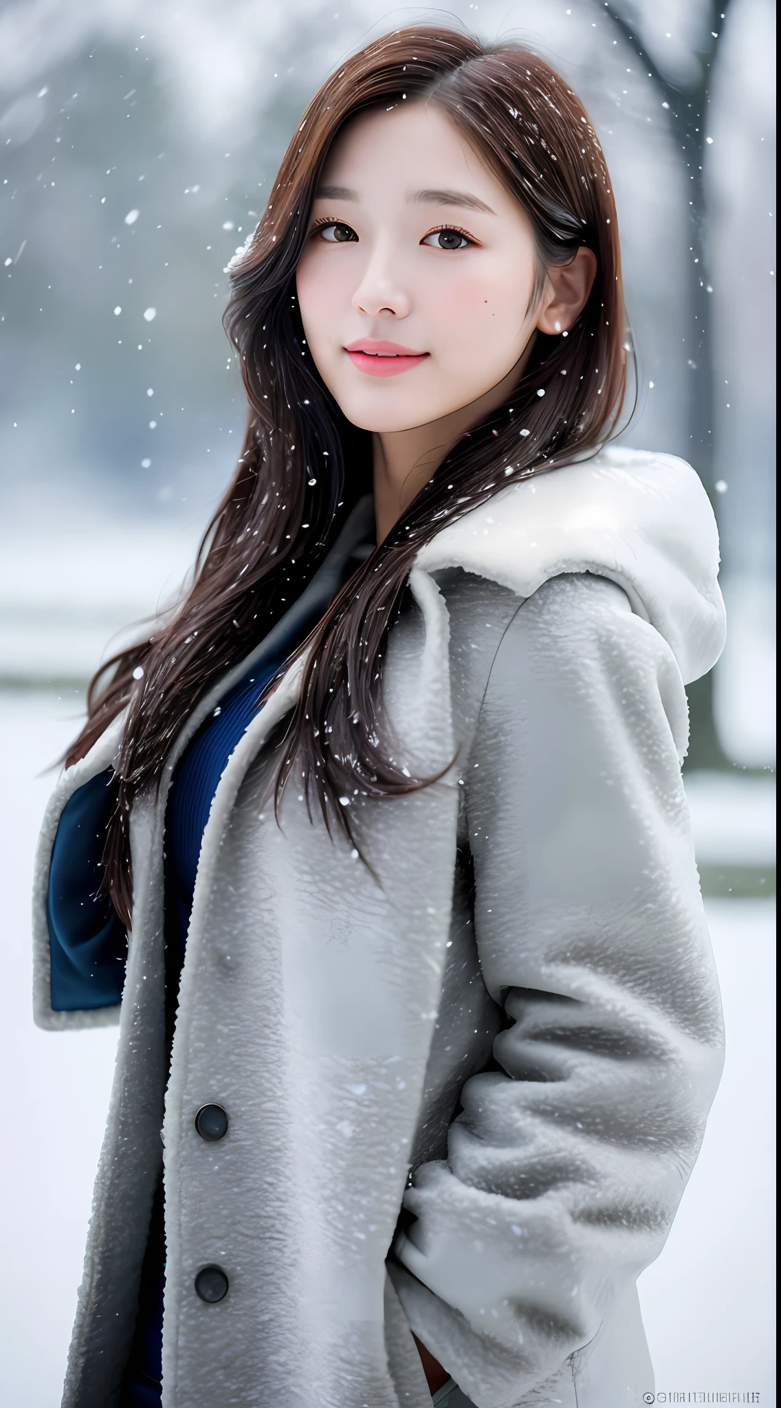 realistic photos of (1 cute Korean star) Shoulder-length hair, thin makeup, medium breasts size, wearing coat, in the snow, clear facial features, 8K high resolution, sharp and realistic details.from outside, Eye-Level Shot, f/4.0, 135mm, Fujifilm, jpeg artifacts, dithering, UHD, masterpiece