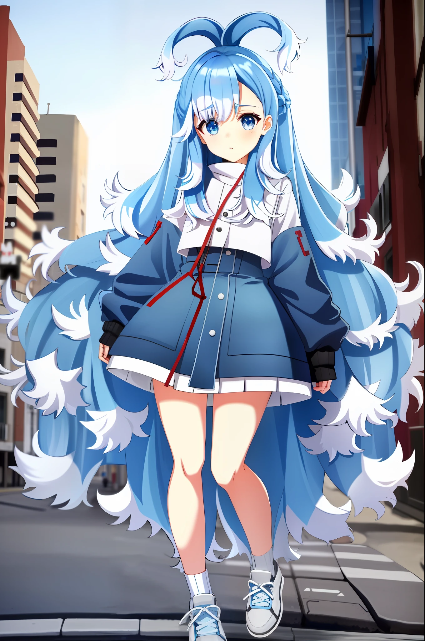 1girl, flat chest, blue hair, long hair, blue eyes, kobo, kanaeru, street background, city, ahoge, white hair tips, full body at full size