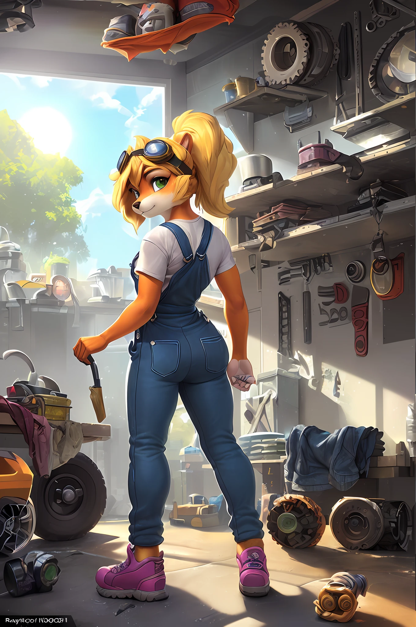 [coco bandicoot], [Uploaded to e621.net; (Foxovh), (Pixelsketcher), (mayosplash], ((masterpiece)), ((solo full body portrait; behind view)), ((furry; anthro)), ((simple fur)), ((raytracing)), ((detailed shading)), ((beautiful render art)), {(anthro; orange fur, blonde hair, curly ponytail, curly bang), (green eyes; pink eye shadow), (expressionless; half closed eyes), ite figure, (dirty clothes; white shirt, tight overalls, pink work shoes, goggles on head}, (working in garage), [background; workshop; gears and machinery]