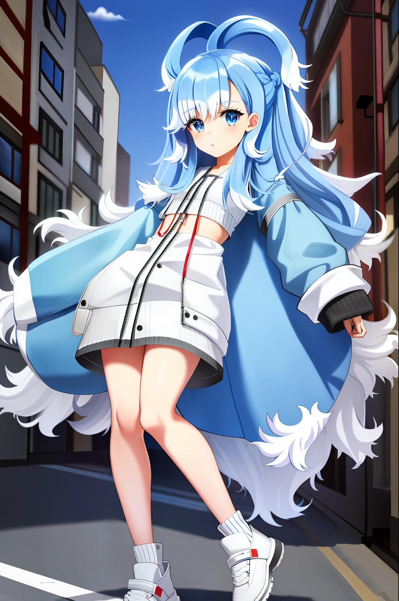 1girl, flat chest, blue hair, long hair, blue eyes, kobo, kanaeru, street background, city, ahoge, white hair tips, full body at full size