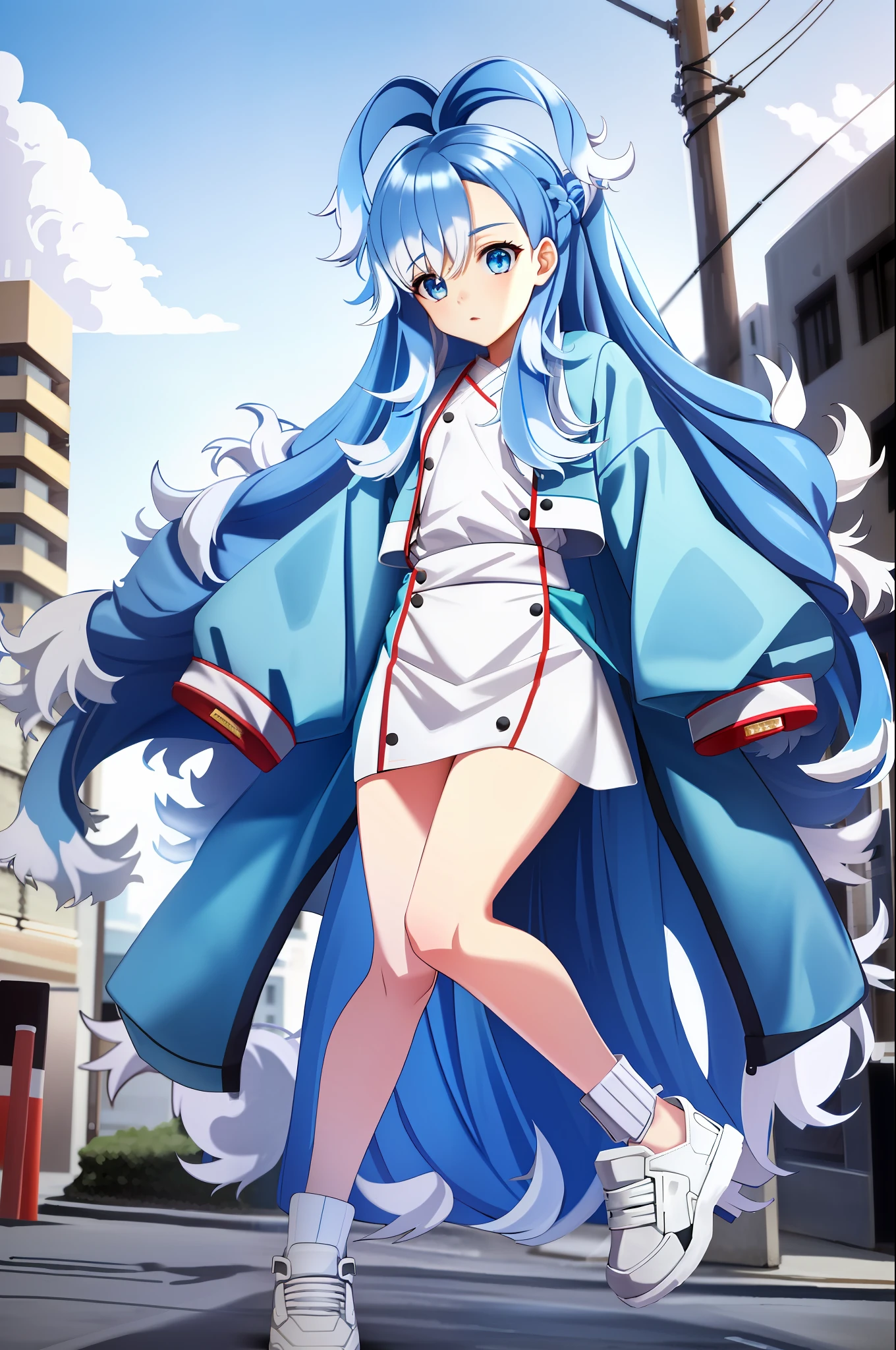 1girl, flat chest, blue hair, long hair, blue eyes, kobo, kanaeru, street background, city, ahoge, white hair tips, full body at full size