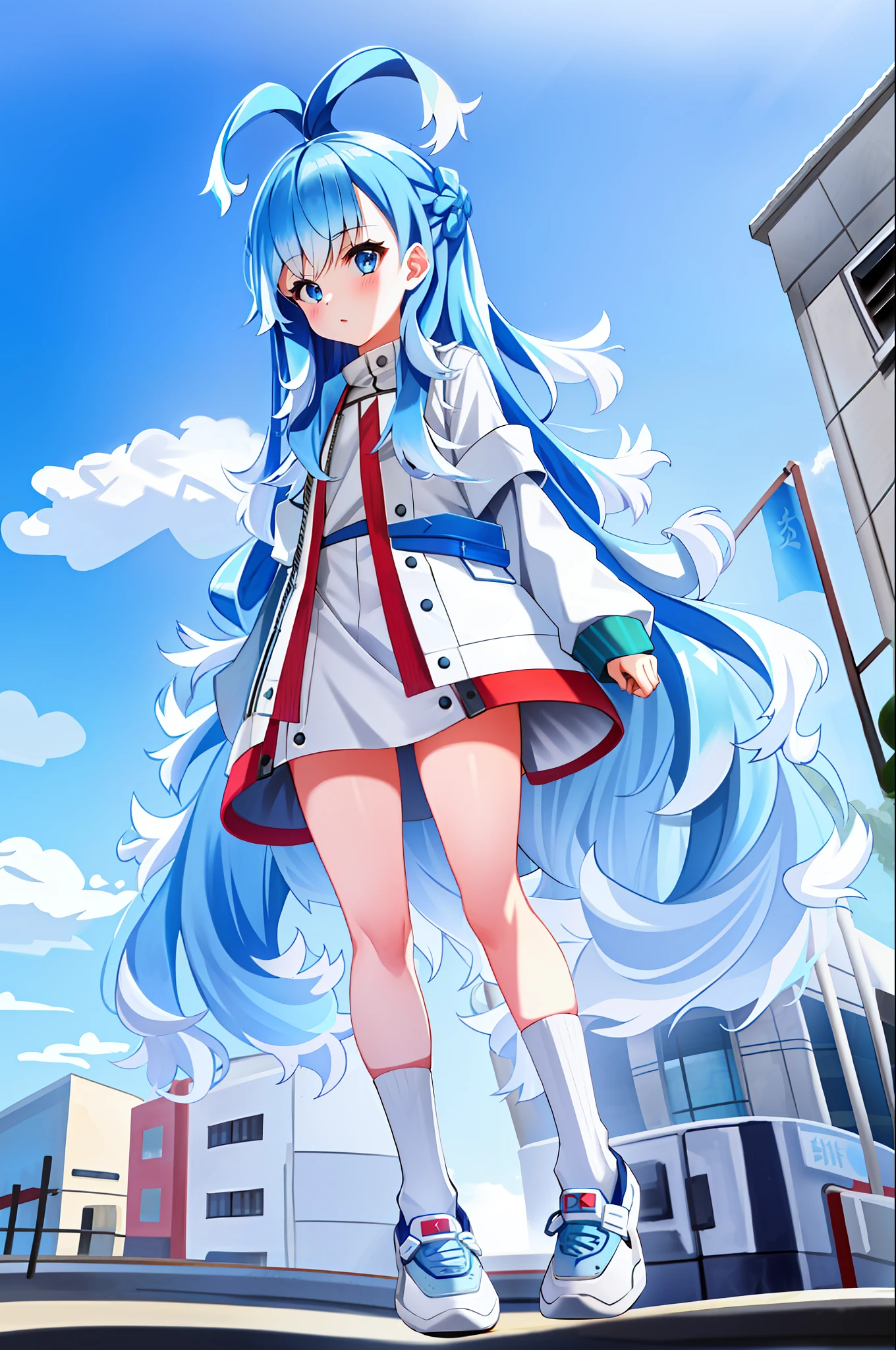 1girl, flat chest, blue hair, long hair, blue eyes, kobo, kanaeru, street background, city, ahoge, white hair tips, full body at full size