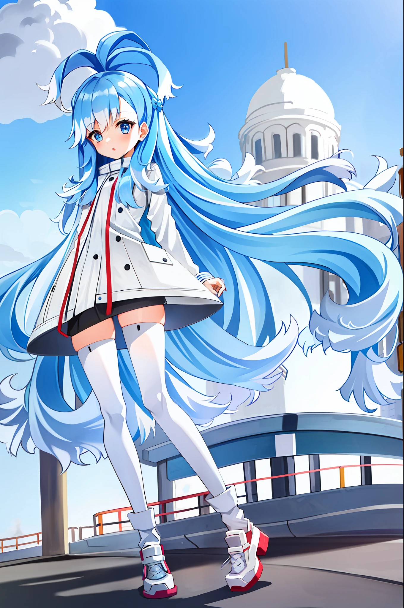 1girl, flat chest, blue hair, long hair, blue eyes, kobo, kanaeru, street background, city, ahoge, white hair tips, full body at full size