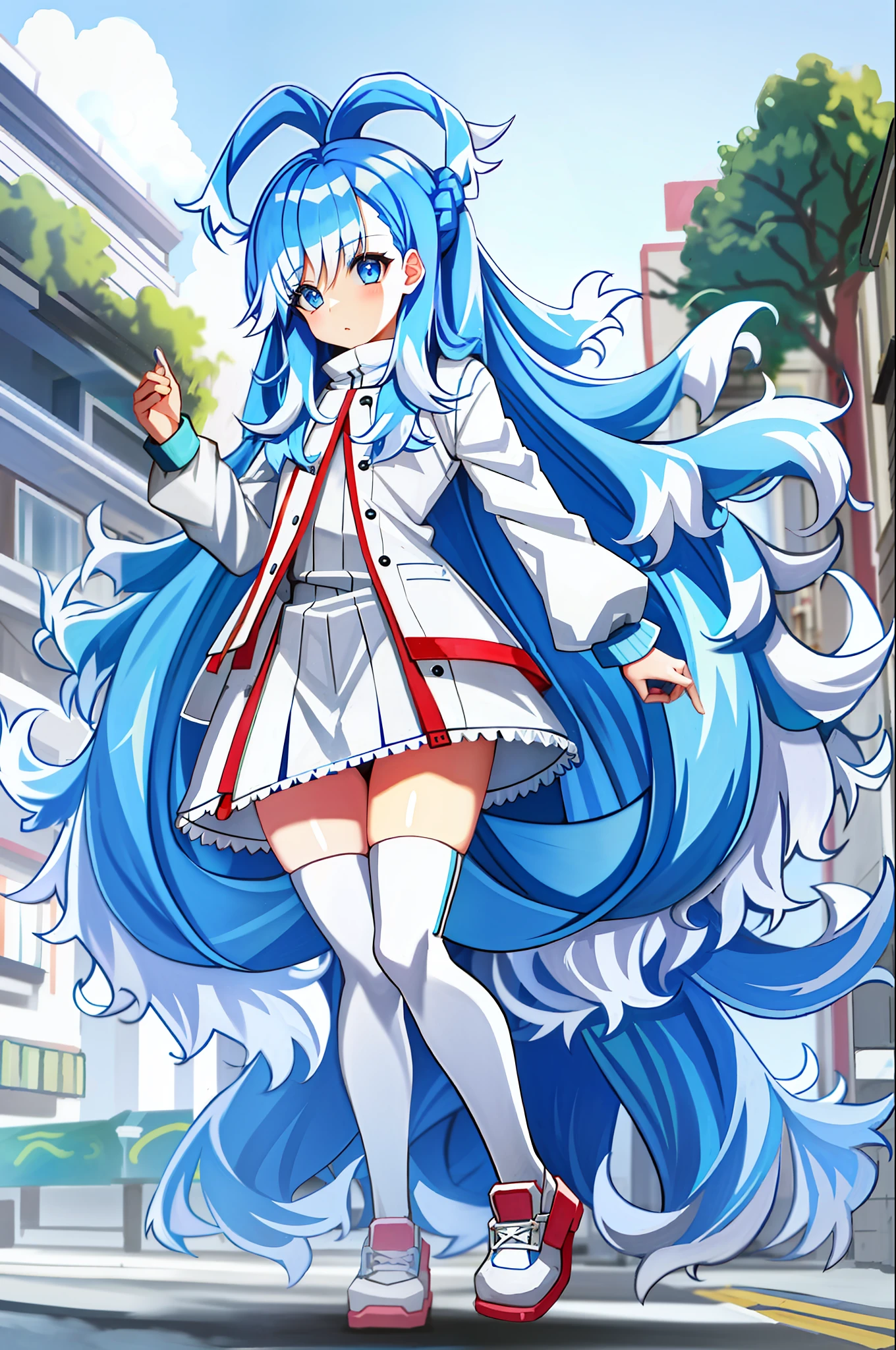 1girl, flat chest, blue hair, long hair, blue eyes, kobo, kanaeru, street background, city, ahoge, white hair tips, full body at full size