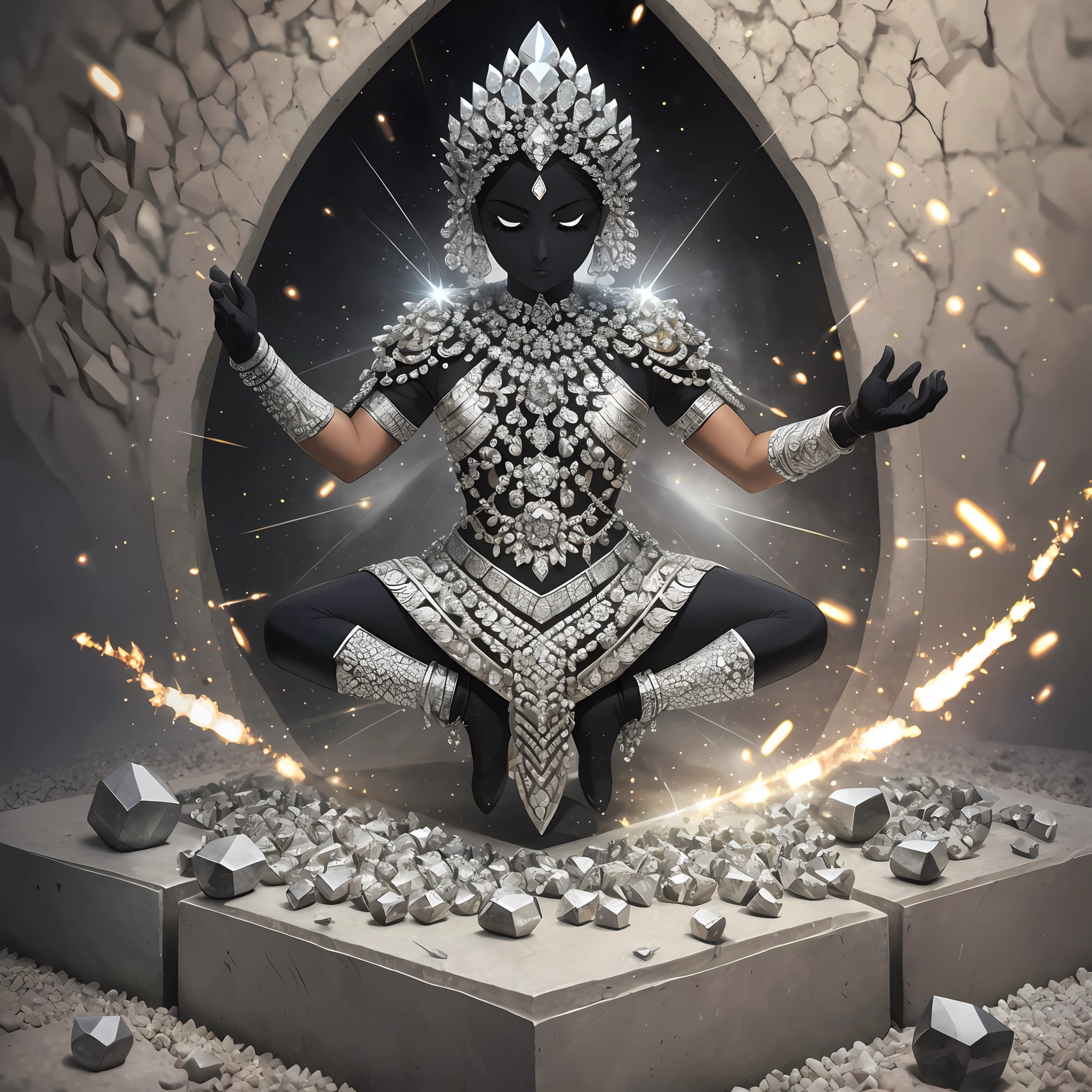 Write a word 'BALA' as art in a stone that exudes an essence bullets power, and diamonds . The image should creatively incorporate elements representing bullets and diamonds, symbolizing strength, precision, and luxury.
