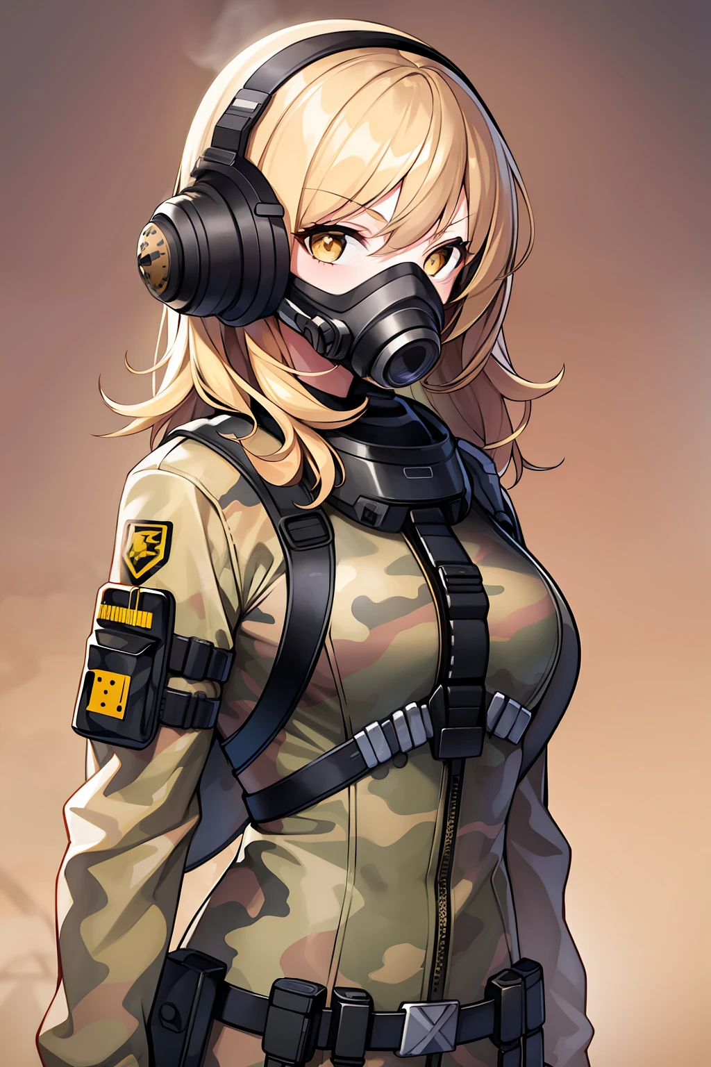 1girl, standing, determined, blond hair, medium hair, black hair, yellow bodysuit, desert camo, gas mask, harness, futuristic, sci-fi, portrait, masterpiece,