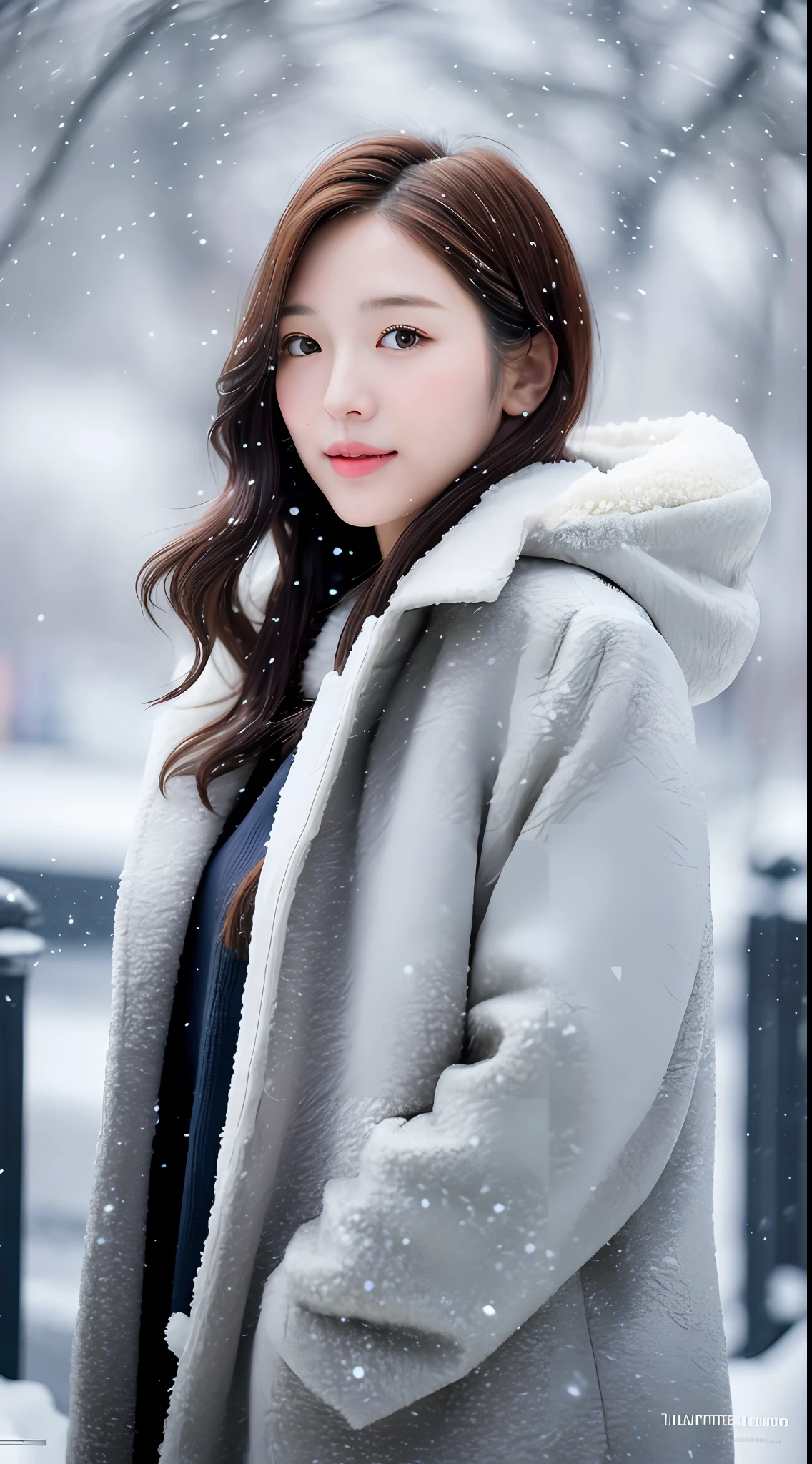 realistic photos of (1 cute Korean star) Shoulder-length hair, thin makeup, medium breasts size, wearing coat, in the snow, clear facial features, 8K high resolution, sharp and realistic details.from outside, Eye-Level Shot, f/4.0, 135mm, Fujifilm, jpeg artifacts, dithering, UHD, masterpiece