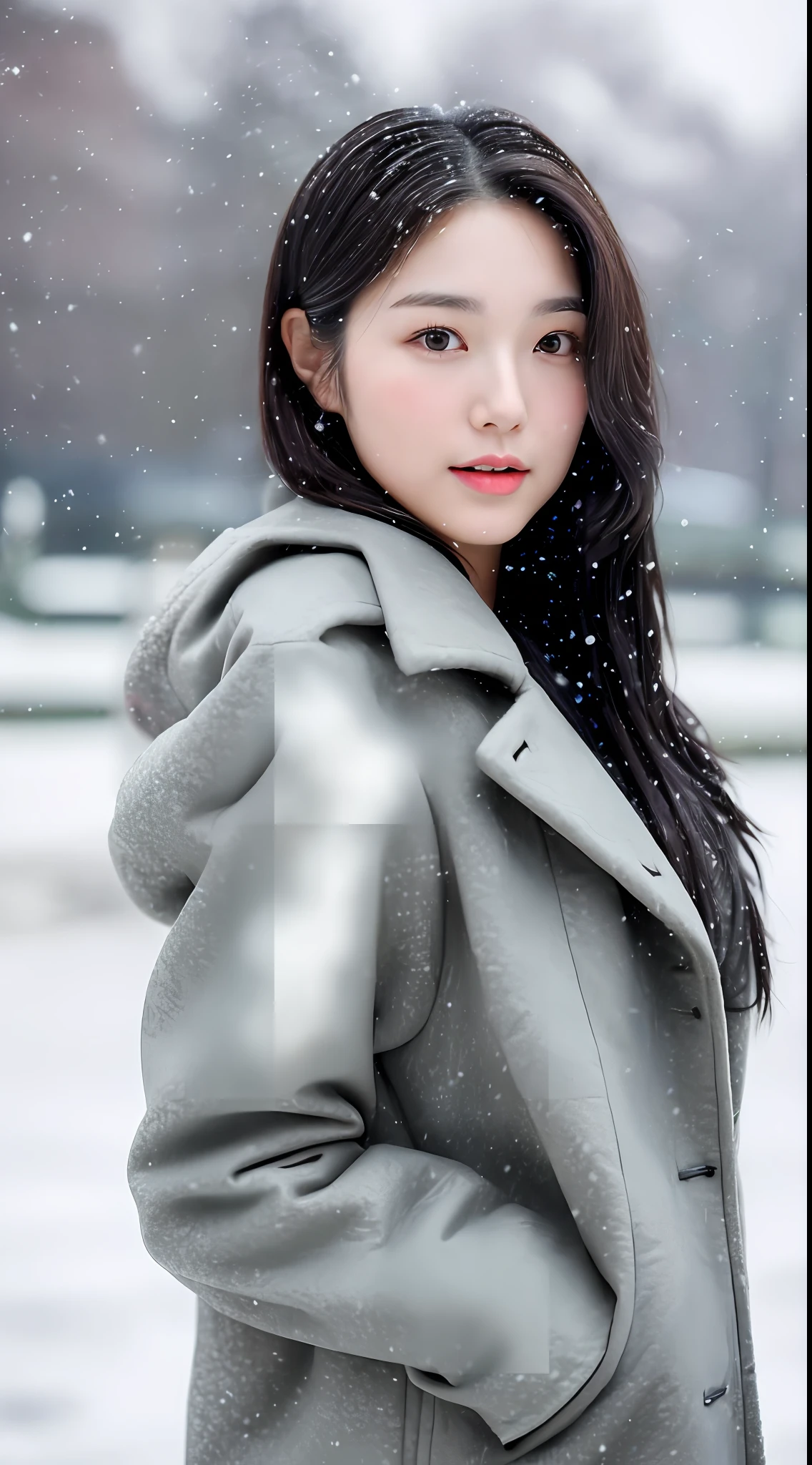 realistic photos of (1 cute Korean star) Shoulder-length hair, thin makeup, medium breasts size, wearing coat, in the snow, clear facial features, 8K high resolution, sharp and realistic details.from outside, Eye-Level Shot, f/4.0, 135mm, Fujifilm, jpeg artifacts, dithering, UHD, masterpiece