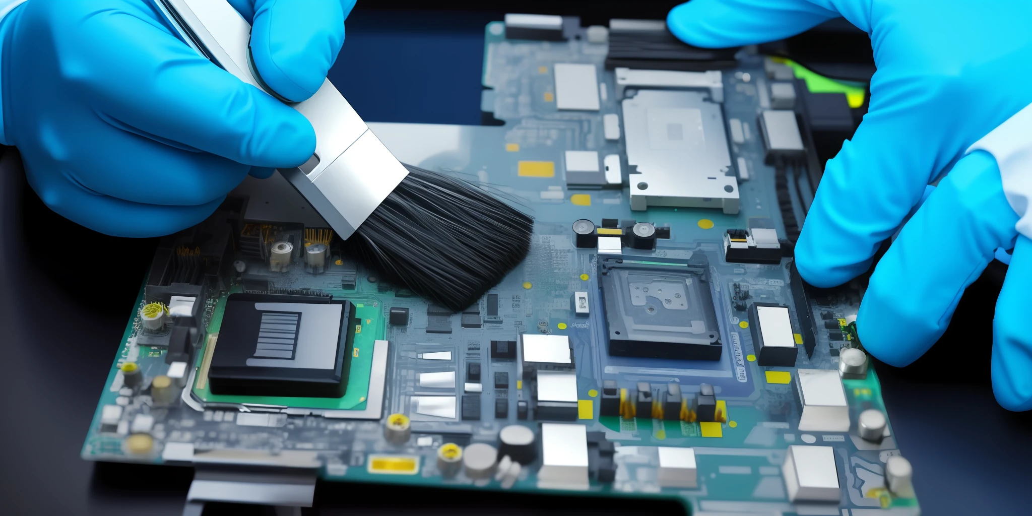 someone is cleaning a motherboard with a brush and a black glove, motherboard circuit, motherboard, electronic components, disassemble computer, circuit boards, bios chip, computer components, printed circuit board, electronic circuit, circuit board processor, maintenance, advanced technology, microchips, digitally enhanced, circuit board, crispy electronics, computer parts